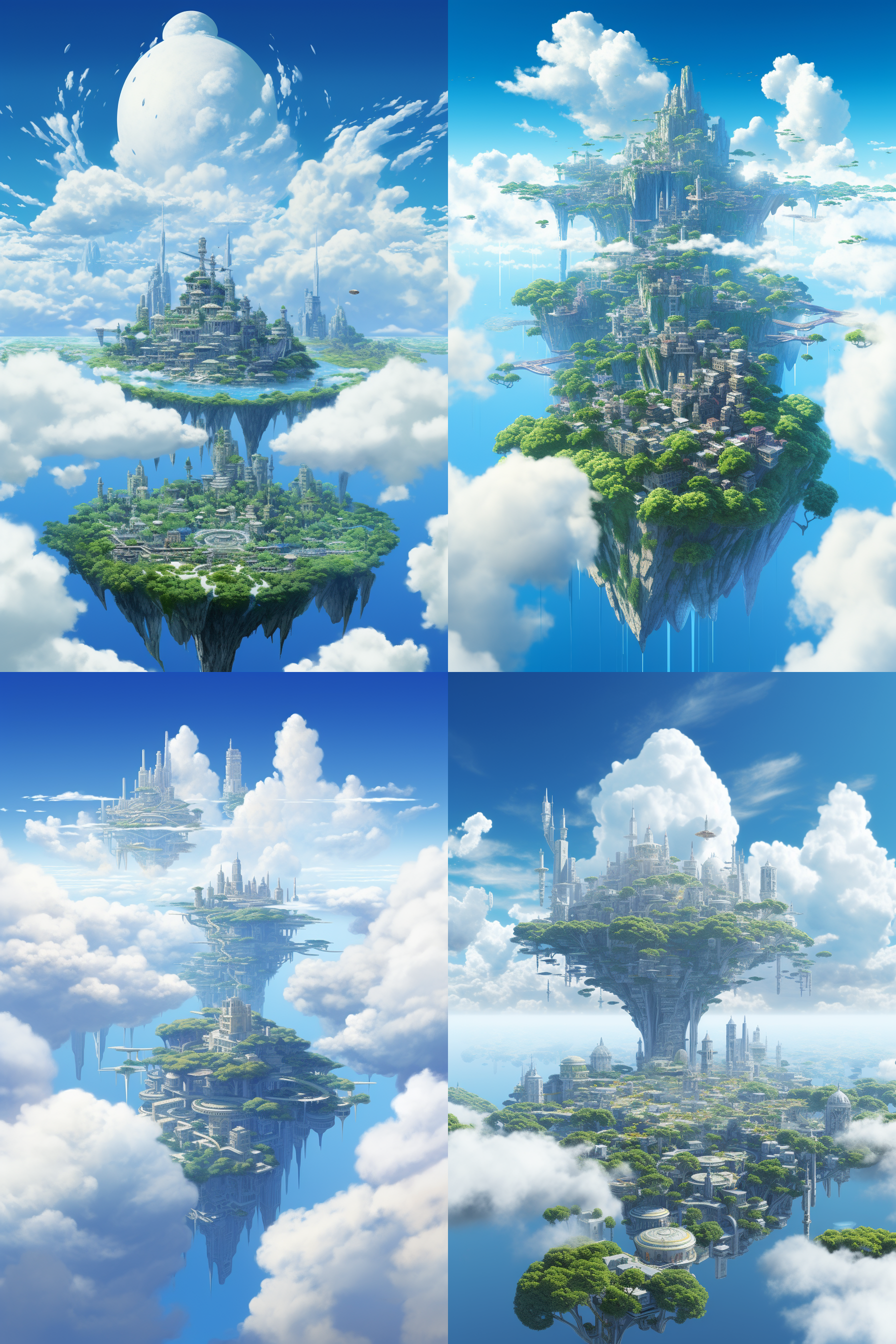 天空之城，几十个像阿凡达一样的空中岛屿 宫崎骏 超现实主义 天空 白 宫崎骏 超现实主义 天空 白