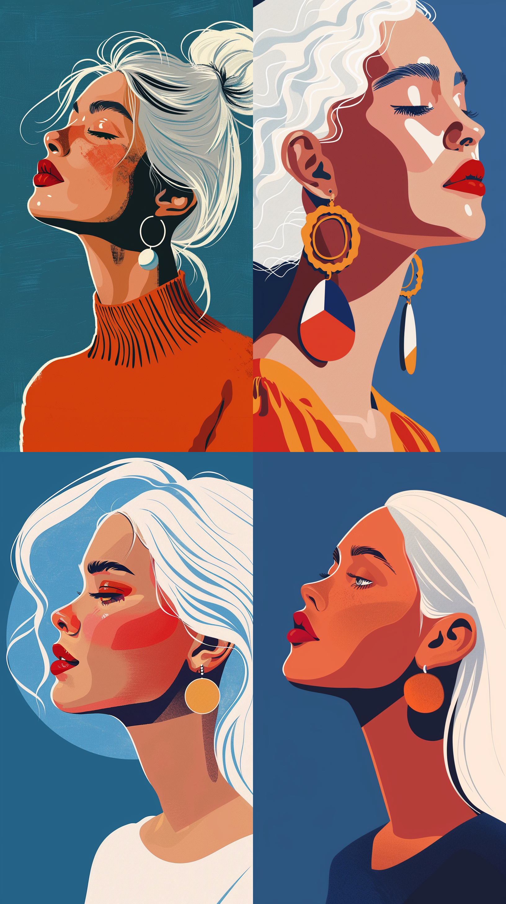 波西米亚风格，平面插画海报，加上文字，极简主义，一个时尚女孩的白色头发，蓝色背景，戴上特殊的耳环，特写，肖像面对几何形状，干净，风格表现力