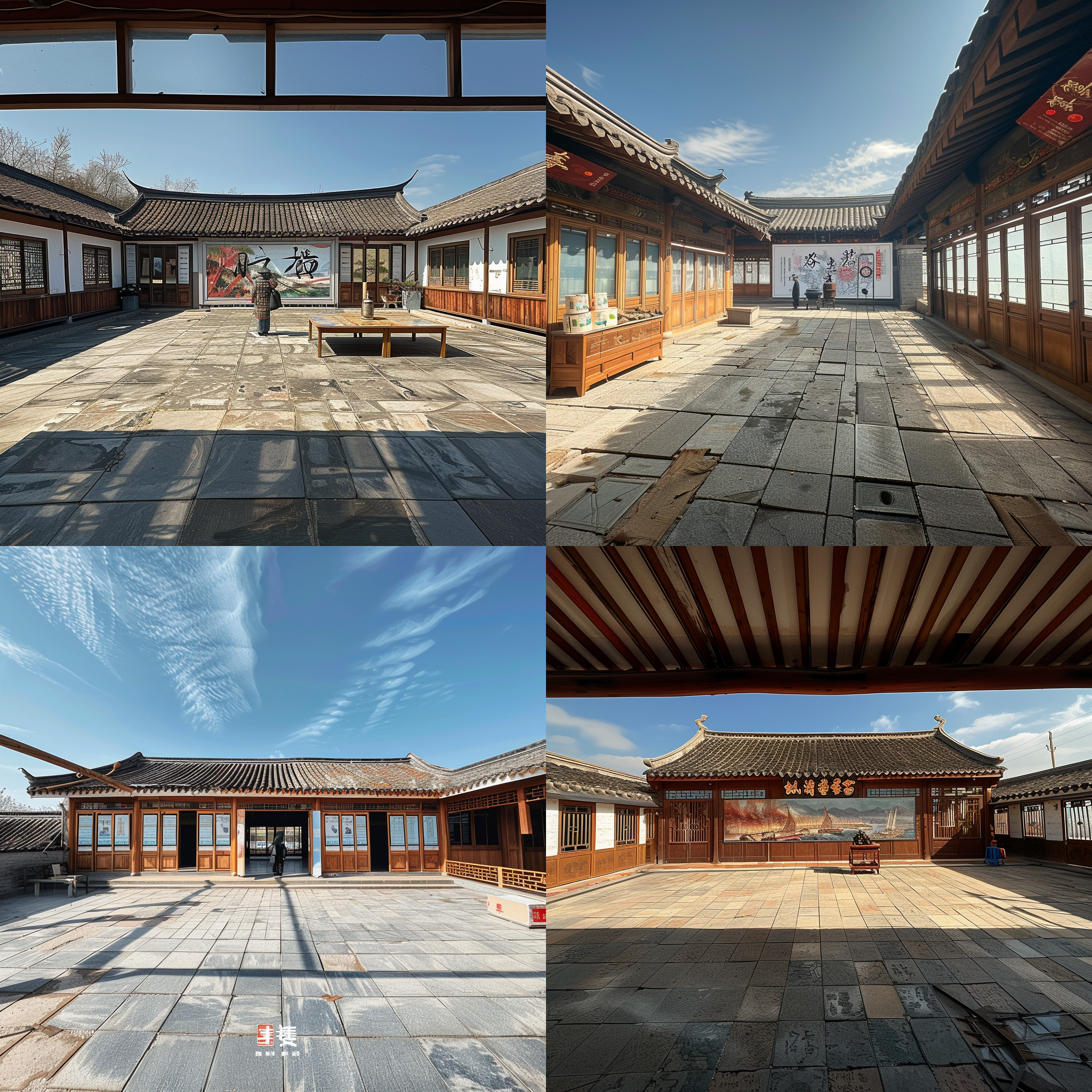 关东建筑风格的村史馆，墙体门窗改造，增加关东文化符号，对称布局，暖色调，广角镜头，自然光，宁静氛围。 古代中式 全景