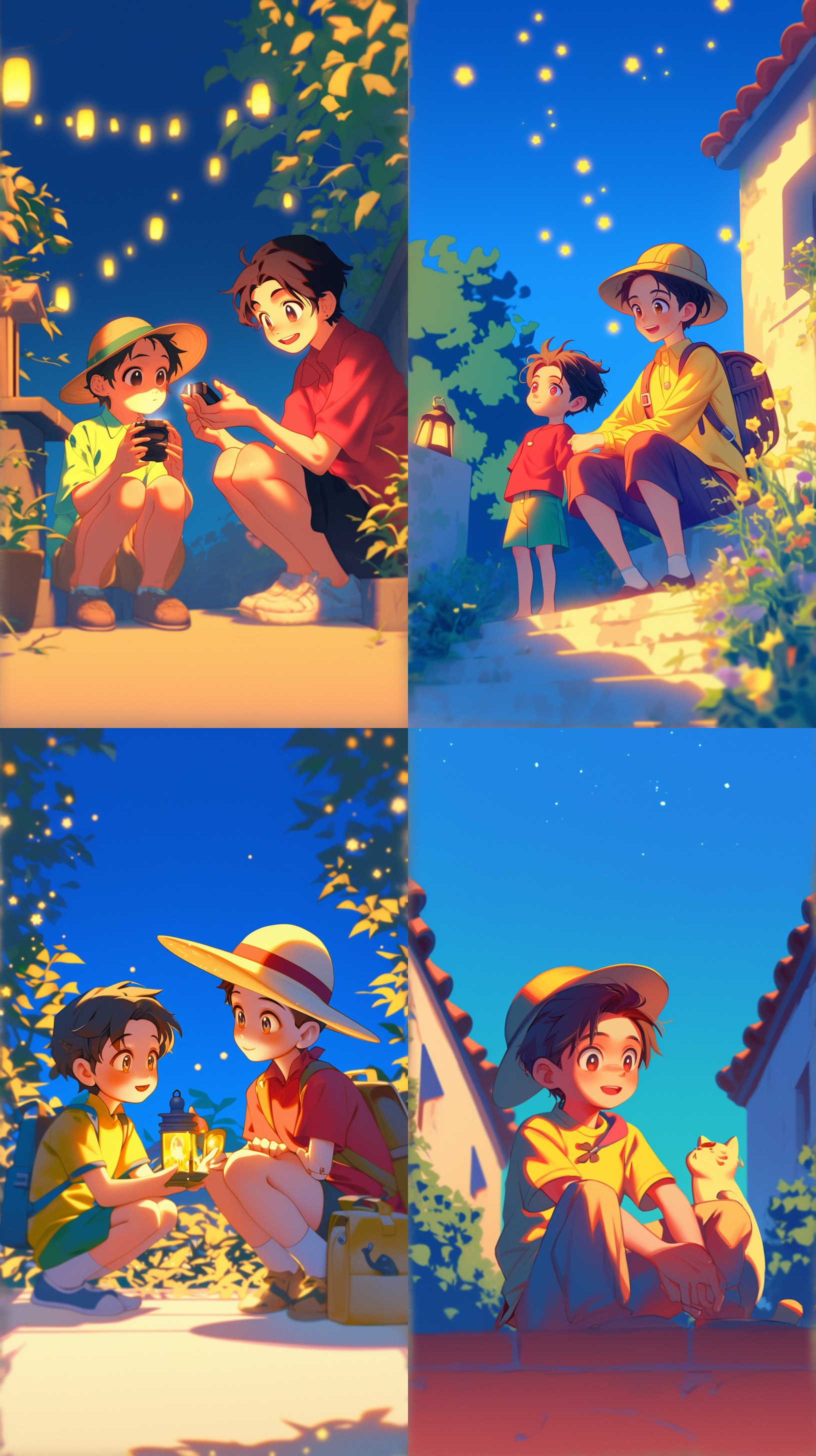 晚上小杰和爸爸坐在院子里仰望星空，爸爸讲述故事，星空中繁星点点，温馨场景，父子亲情，暖色调，广角镜头，顶光，慢速快门，安静，平和。