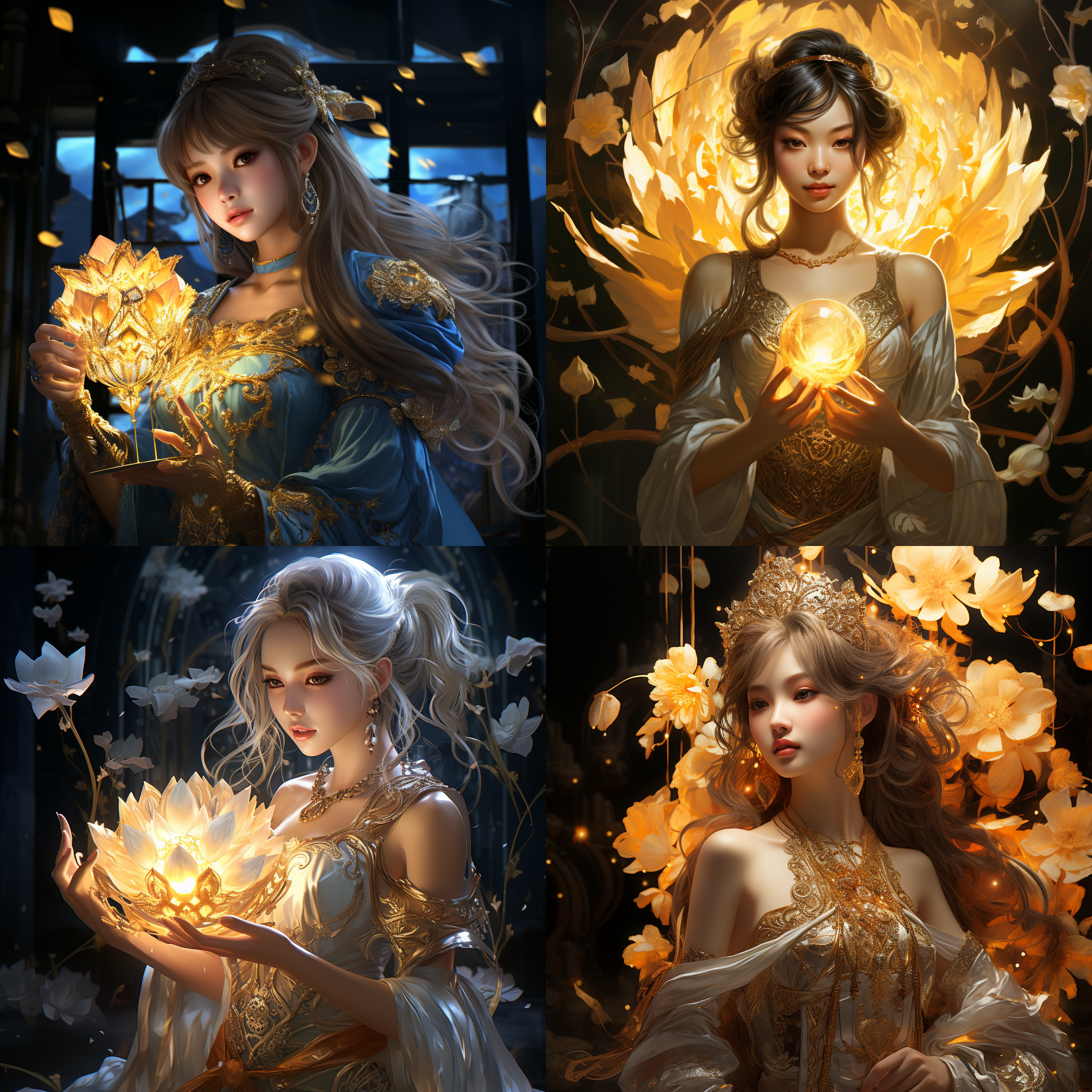 gilded lotus princess, science fantasy painting, high detail of a hand, glowing delicate flower, inspired by xie huan, medibang, anime land of the lustrous, daisy, full image, old scroll, leblanc, moon goddess, dazzling gem in the hilt, bracts, hand-painted, claw, aum