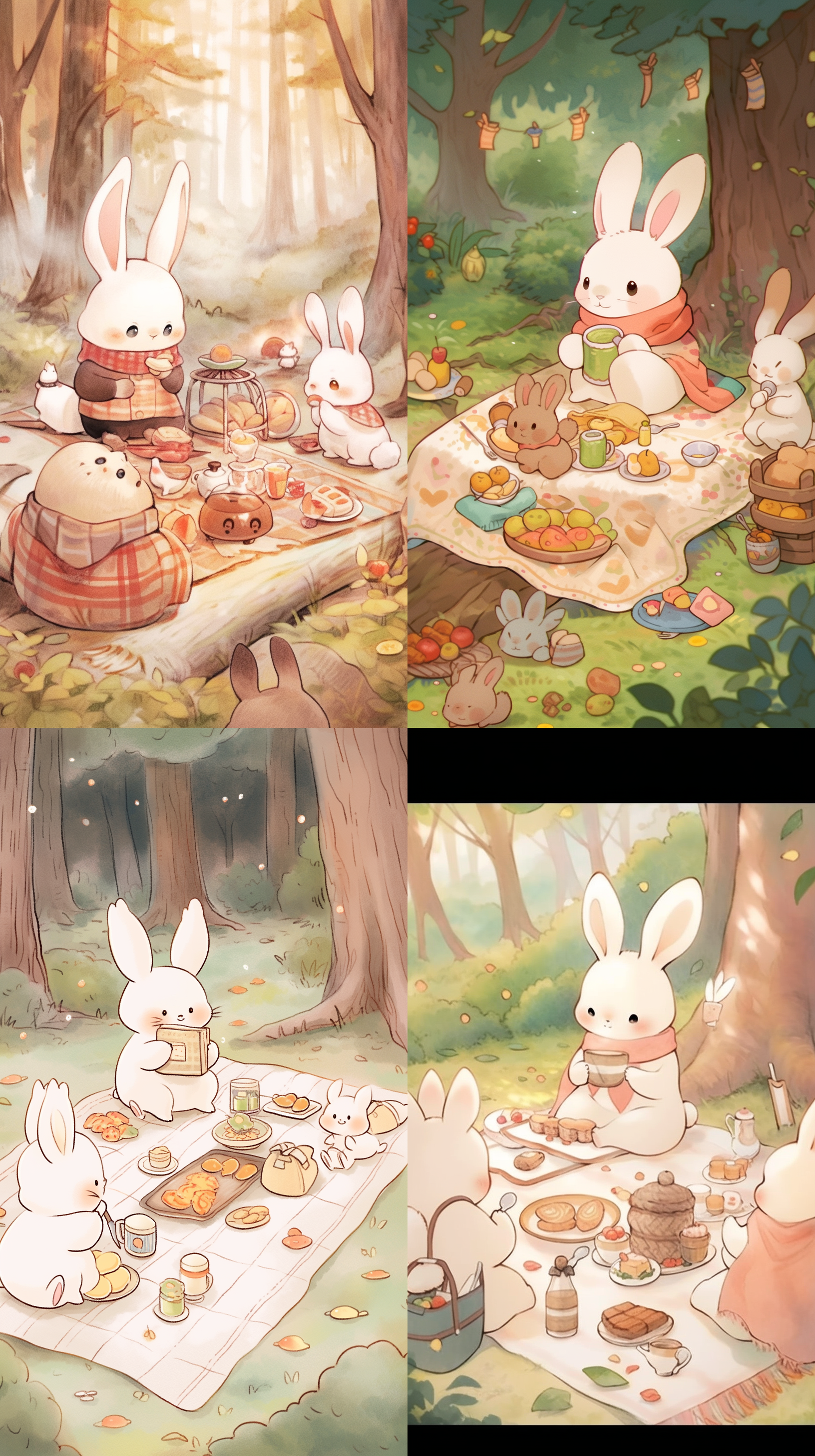 白色小兔子穿衣服，森林里与动物围坐大毯子吃点心，3-5 岁儿童绘本风格，室内背景，广角镜头，彩色铅笔画风格，温馨的氛围，温暖的色调。