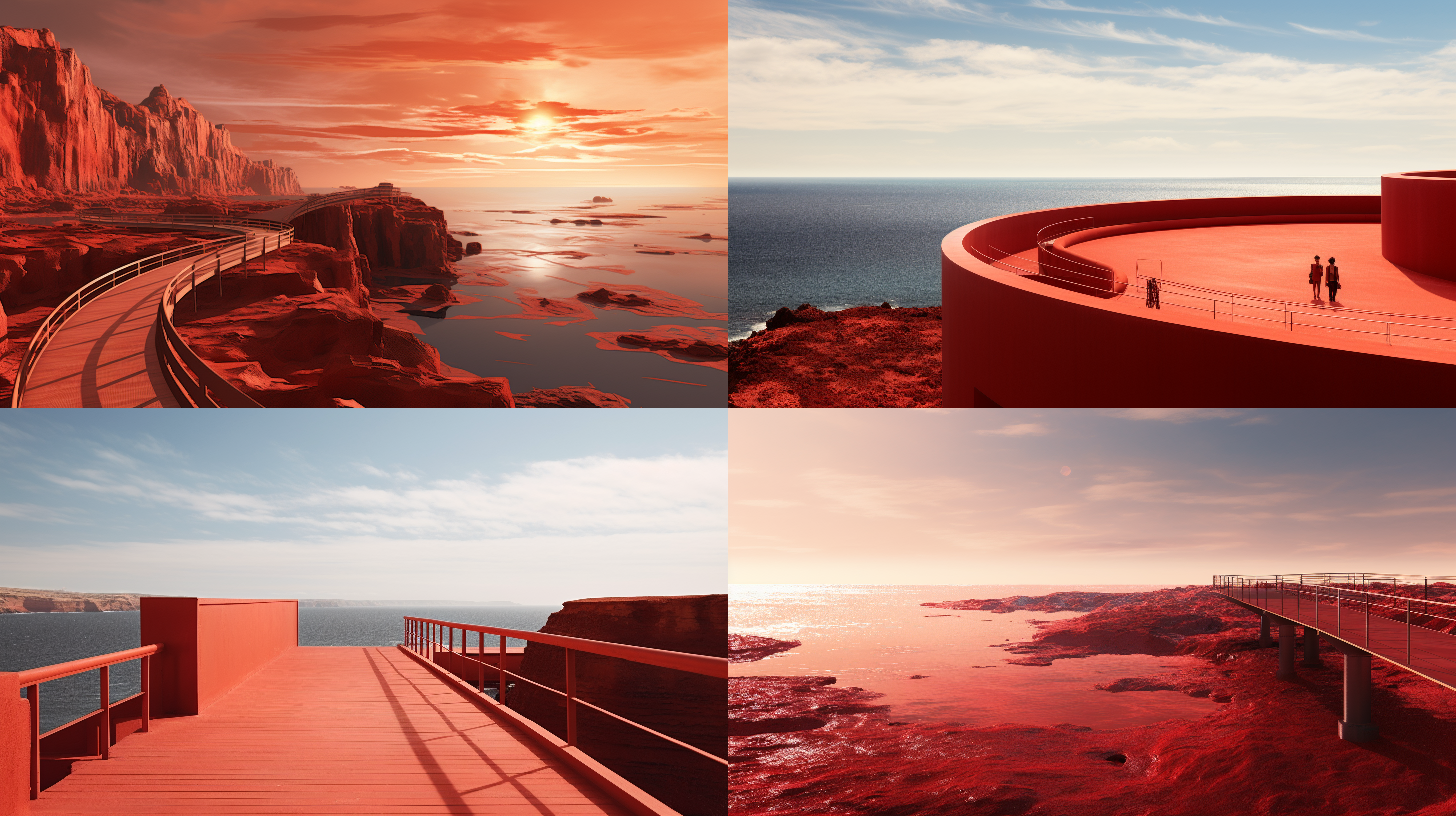 红海滩观景台，俯瞰全景，高饱和度，暖色调，广角镜头，顶光，平静。