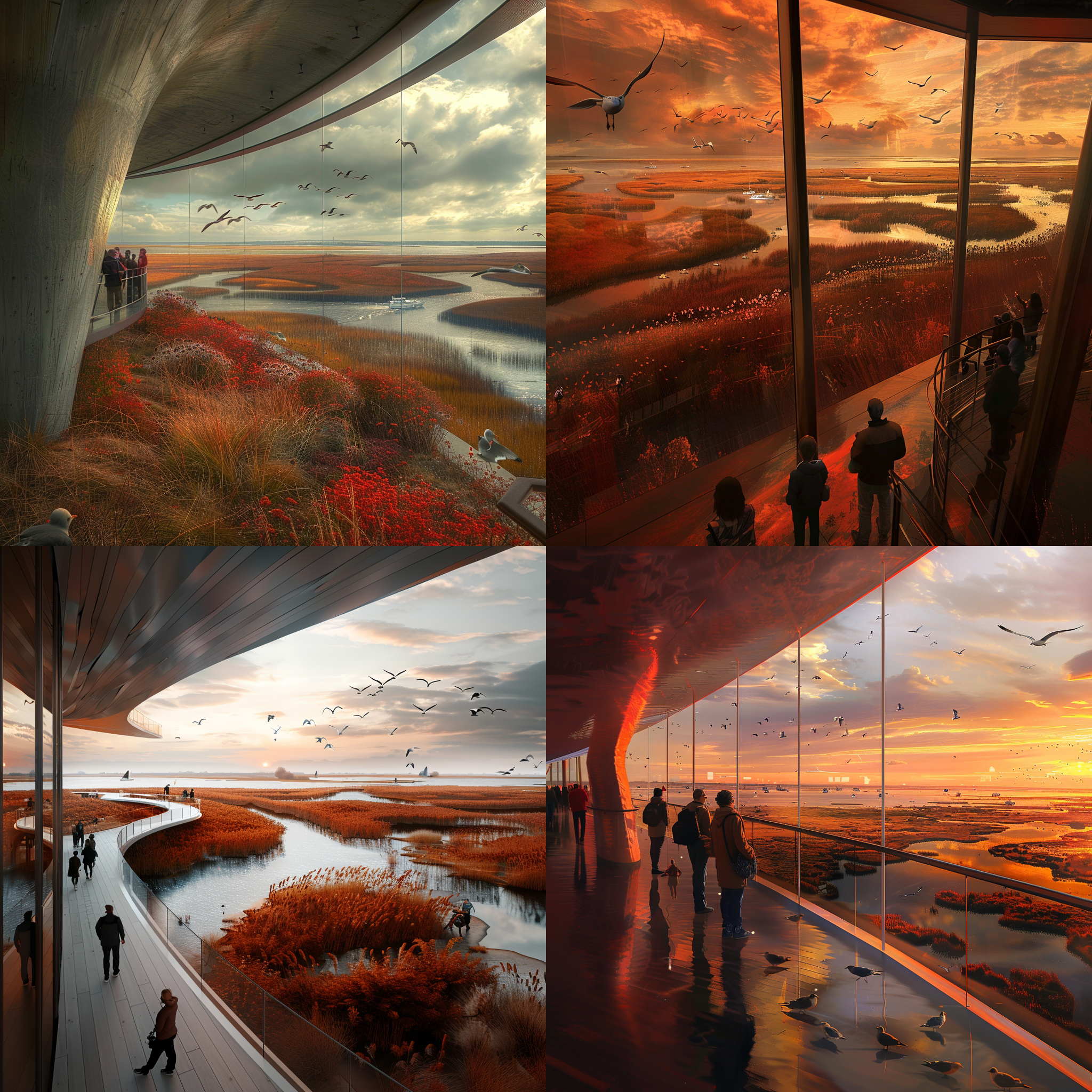 观景台造型独特，人群俯瞰碱蓬草景观，海鸟飞翔，游船远处，秋季，红色，暖色调，长焦镜头，顶光，宁静。
