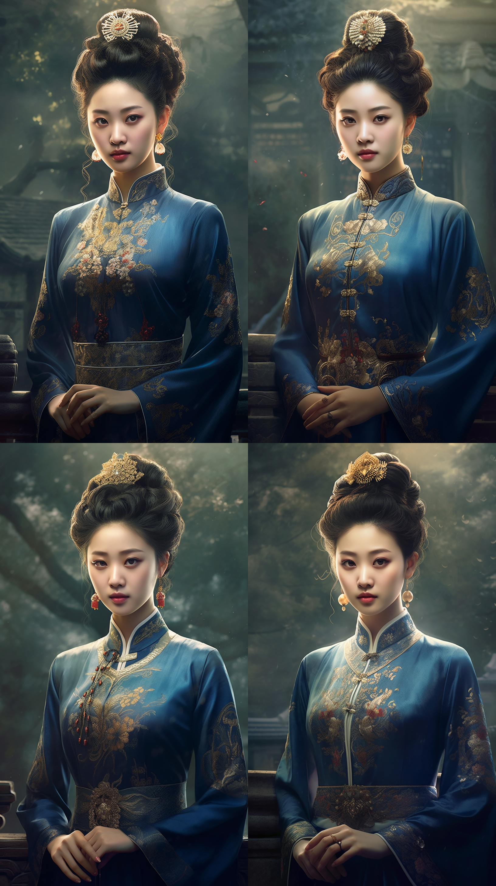 中国女子全身像，穿蓝色旗袍，头发挽髻，传统服饰，锦衣绣袍，金线镶嵌，中国古典元素，中国画画风，4k画质，细腻刻画，静谧端庄，自然光，长焦镜头，柔和色彩，细节丰富，端庄姿态。