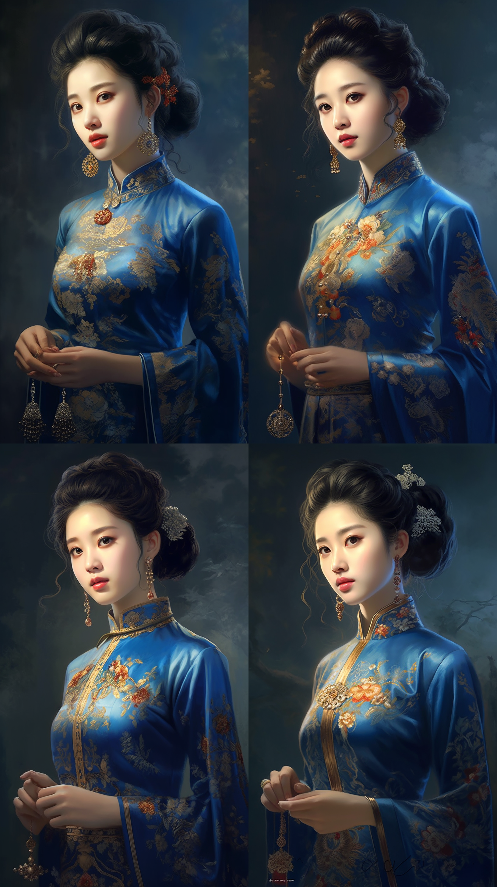 中国女子全身像，穿蓝色旗袍，头发挽髻，传统服饰，锦衣绣袍，金线镶嵌，中国古典元素，中国画画风，4k画质，细腻刻画，静谧端庄，自然光，长焦镜头，柔和色彩，细节丰富，端庄姿态。