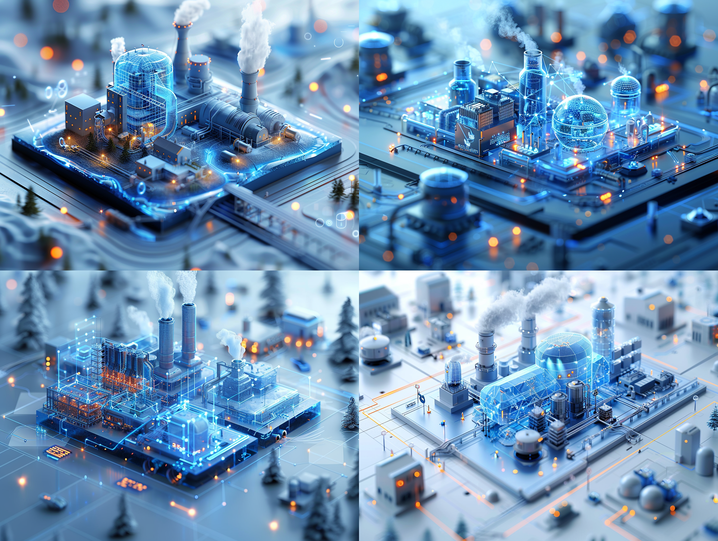 industrial steam, dribbling, 3d highly detailed, light and white background, waste treatment plant, luminous glass texture, smoking chimneys, buildings surrounded by contour lines, micro charts displaying data, 3d cg, connections, high-quality product image, by dahlov ipcar, cold color temperature, titmouse animation style, microscopic picture, interconnected, creating a soft, serene atmosphere, clean color palette, aperture 1.0, light spots in the foreground, orange dot embellishments, white, blue, orange, cyan.