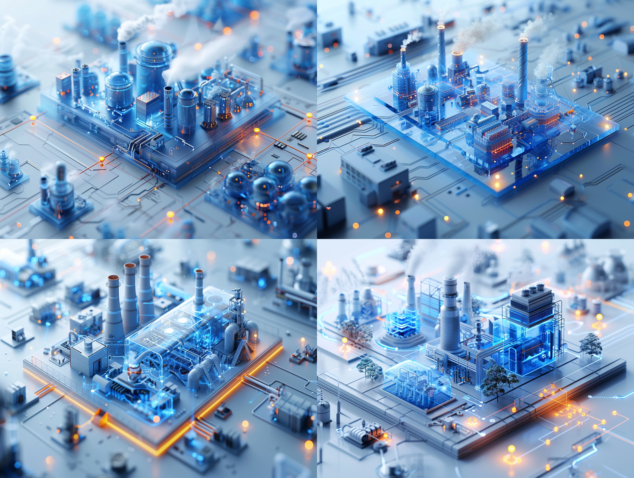 industrial steam, dribbling, 3d highly detailed, light and white background, waste treatment plant, luminous glass texture, smoking chimneys, buildings surrounded by contour lines, micro charts displaying data, 3d cg, connections, high-quality product image, by dahlov ipcar, cold color temperature, titmouse animation style, microscopic picture, interconnected, creating a soft, serene atmosphere, clean color palette, aperture 1.0, light spots in the foreground, orange dot embellishments, white, blue, orange, cyan.