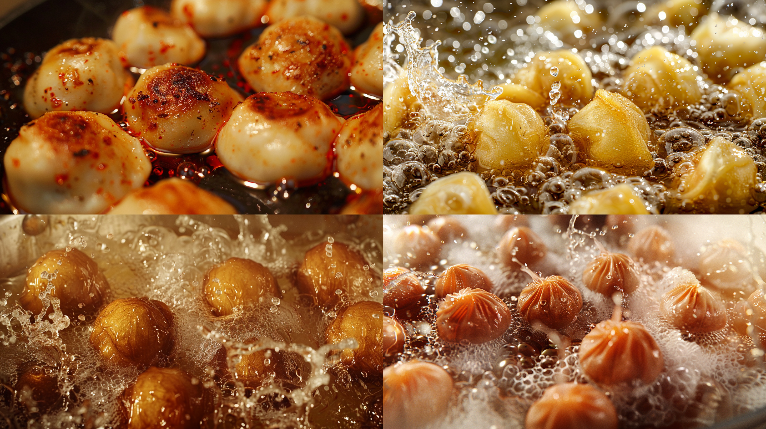 炸丸子的油锅特写，近景拍摄，景深效果，8k 画质，真实细节呈现，暖色调灯光。