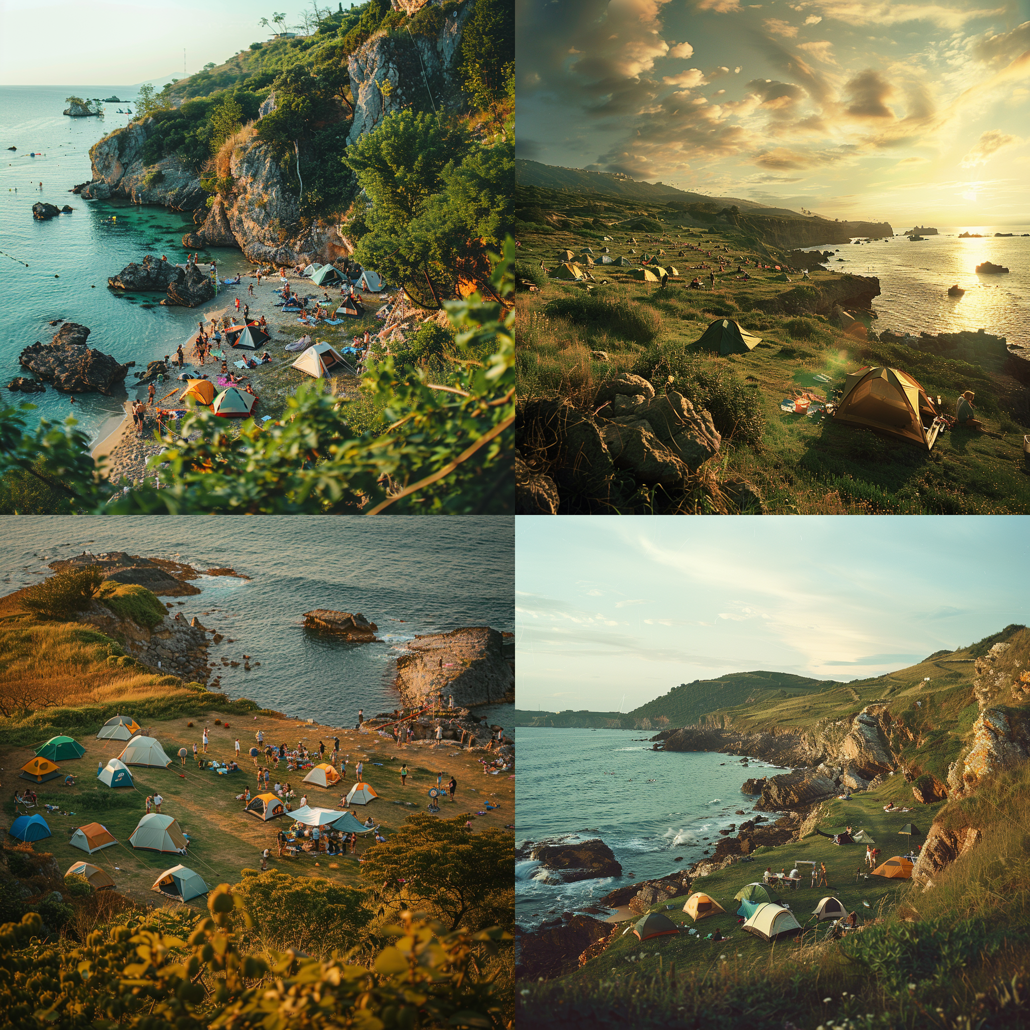 海岸边礁石绿地，人们搭帐篷露营、跳舞、吃烧烤，绿化点缀，暖色调，广角镜头，自然光，全景。