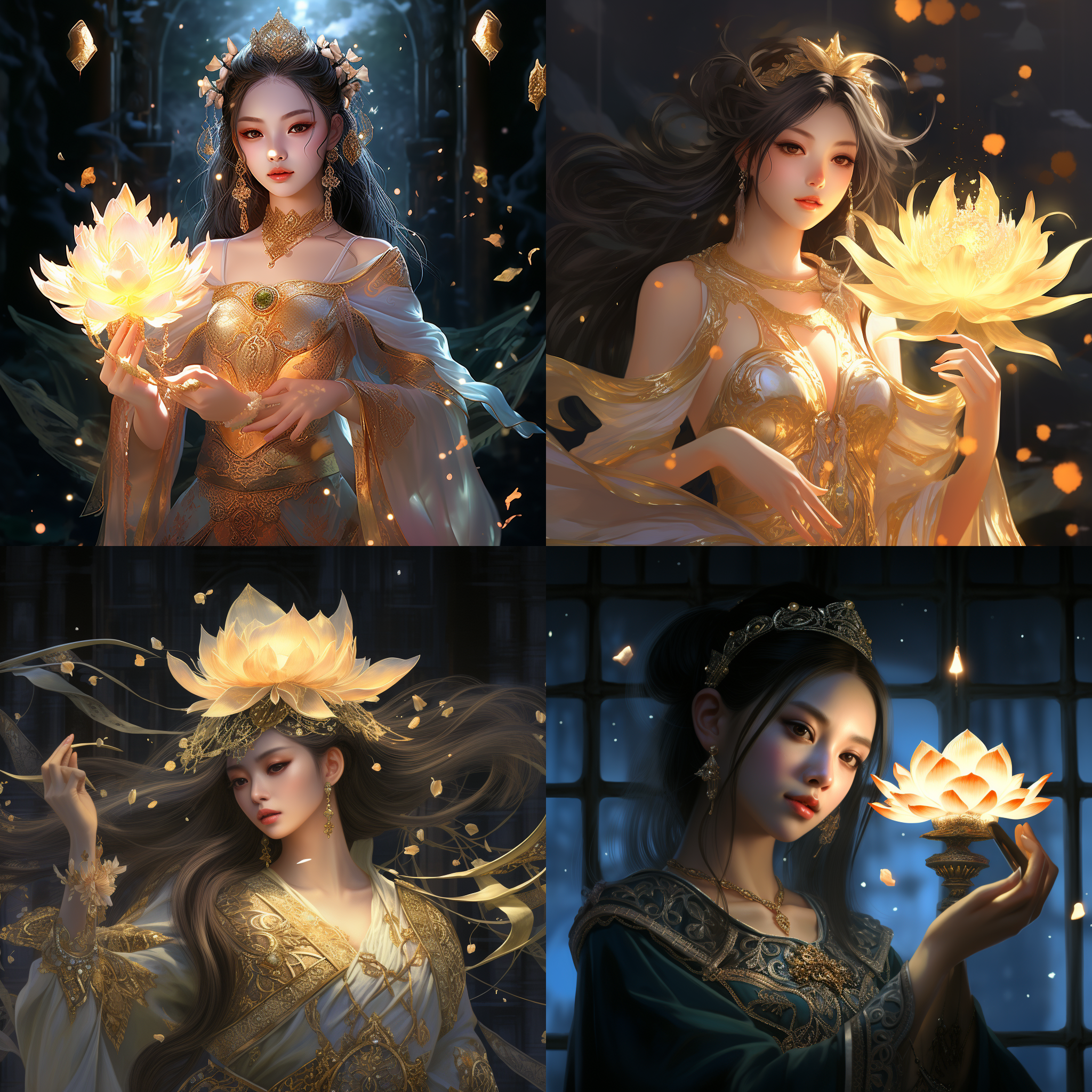 gilded lotus princess, science fantasy painting, high detail of a hand, glowing delicate flower, inspired by xie huan, medibang, anime land of the lustrous, daisy, full image, old scroll, leblanc, moon goddess, dazzling gem in the hilt, bracts, hand-painted, claw, aum