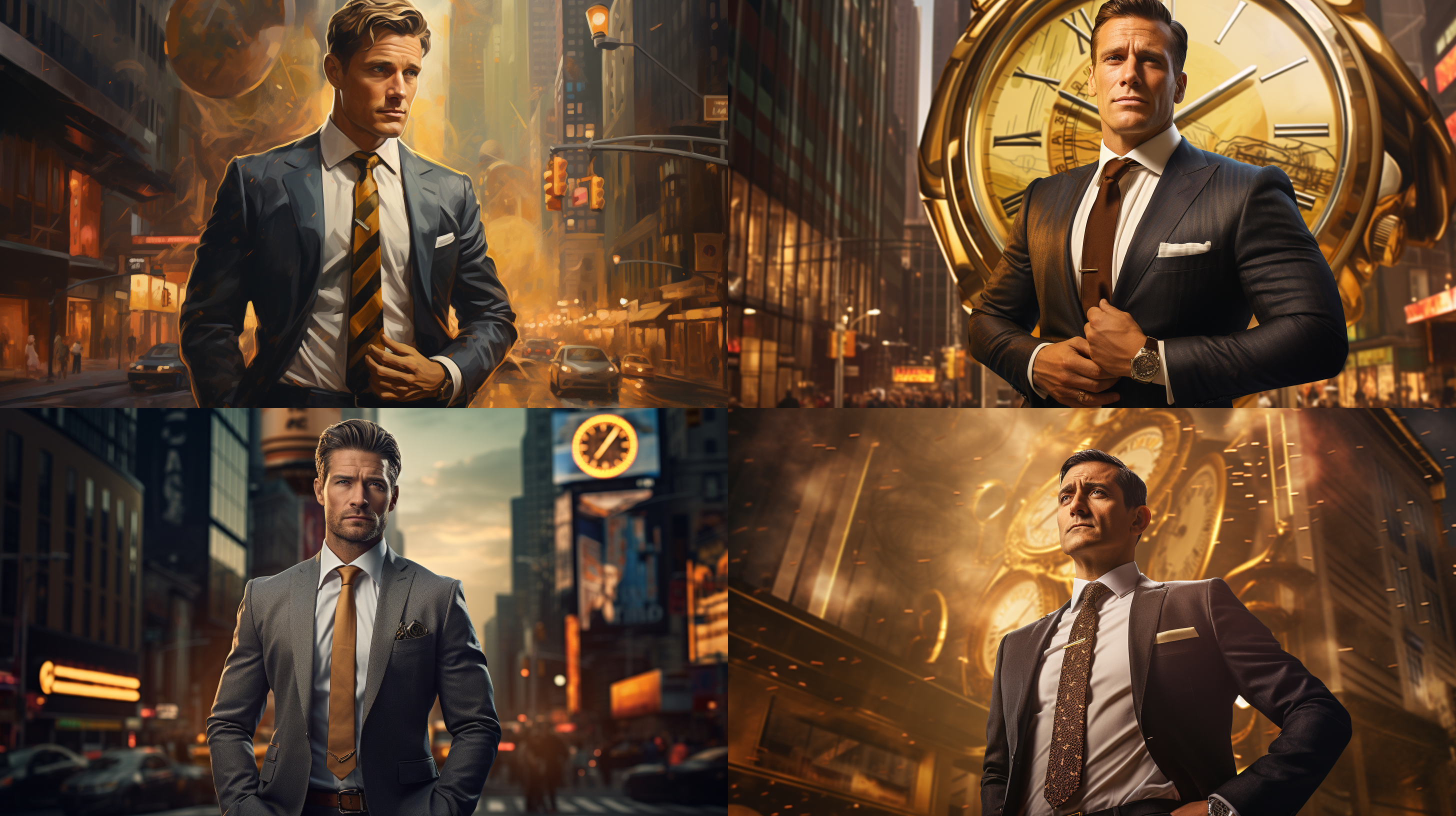 一个45岁成功男士，西装革履，金手表。背景豪华高楼大厦，车水马龙