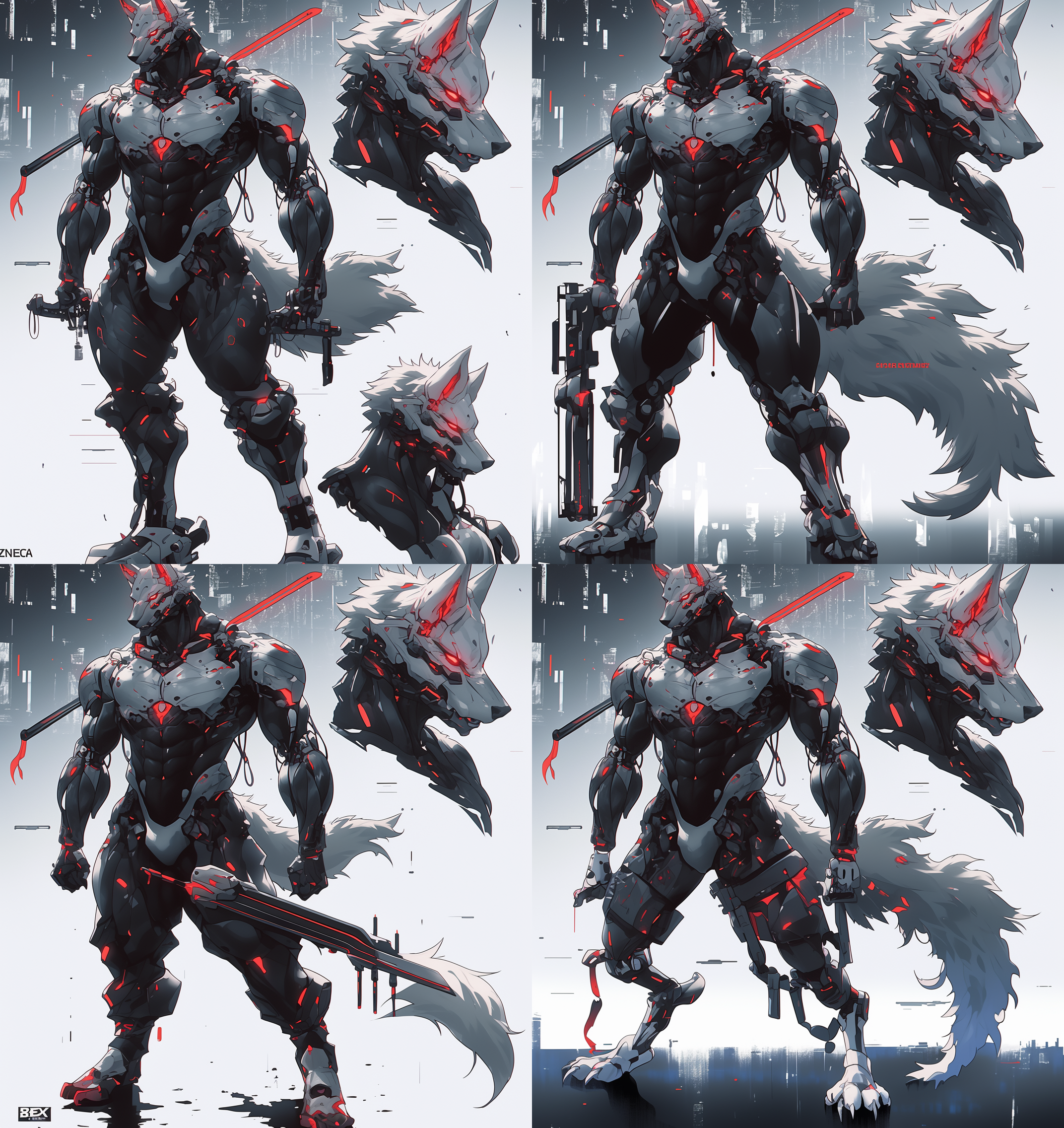 狼人机器人男友全身照，红色瞳孔，八块腹肌，狼耳，表情冷漠，未来科技感，机械腿，人头，银白色头发，机械颈，赛博朋克风格，全身照，高光对比，冷色调，广角镜头，逆光，细节清晰，动态捕捉，神秘感，未来主义，创意风格，网络空间，全身！！！ 未来主义 全身 赛博空间