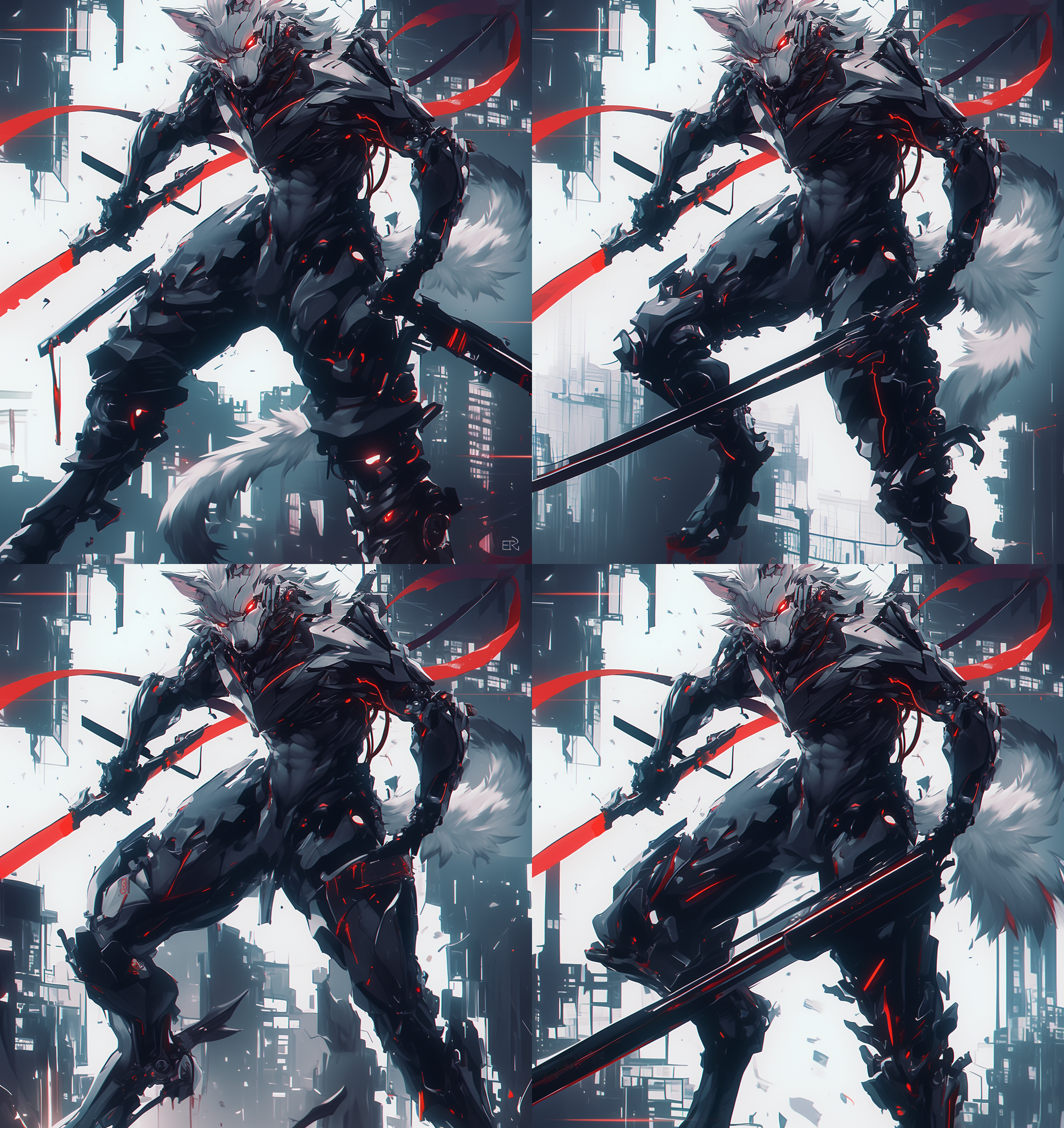 狼人机器人男友全身照，红色瞳孔，八块腹肌，狼耳，表情冷漠，未来科技感，机械腿，人头，银白色头发，机械颈，赛博朋克风格，全身照，高光对比，冷色调，广角镜头，逆光，细节清晰，动态捕捉，神秘感，未来主义，创意风格，网络空间，全身！！！ 未来主义 全身 赛博空间