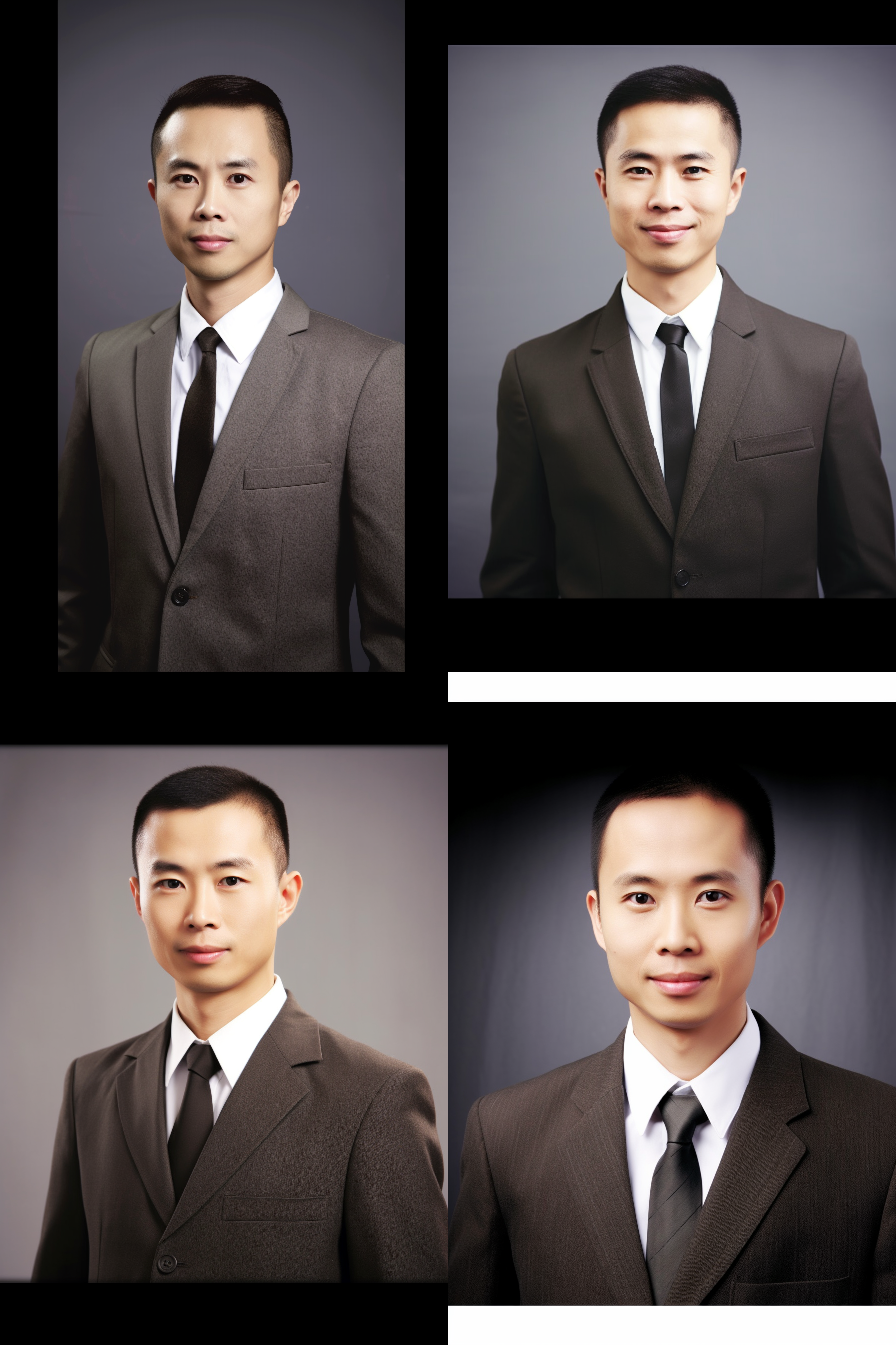 商务肖像，灰色背景，30岁中国男性，微笑，深色西装，白色衬衫，英俊单人照，柔和光线，无明显阴影，高分辨率相机拍摄，细节清晰，构图居中，面部居中，超现实，高细节，16k分辨率，3:4比例，v5.2版本，原始风格，质量2，风格强度250。