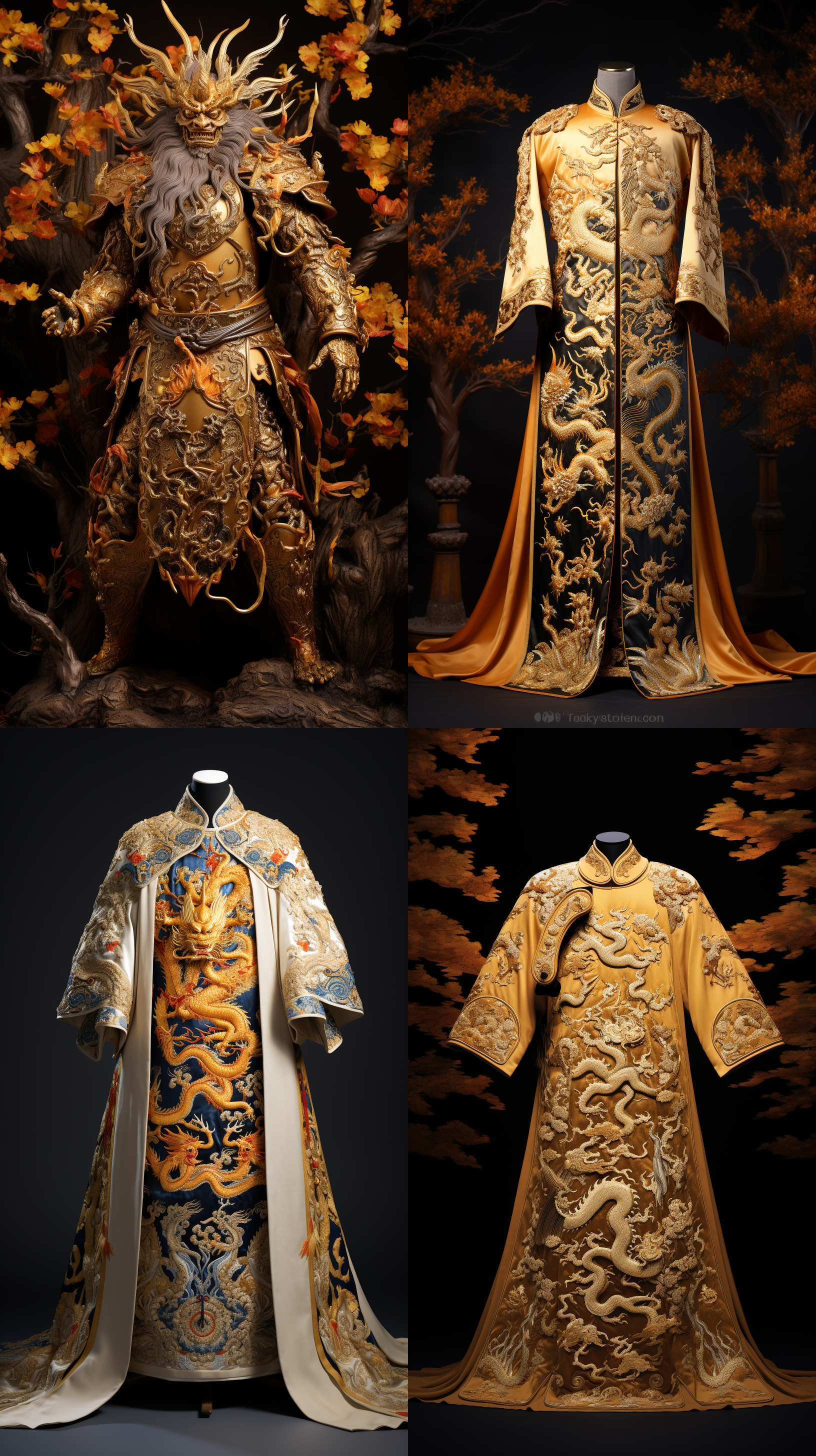 满族帝王身着龙袍，金线刺绣，站在盛开的花朵与古树间，阳光下金光闪闪，威严神情冷静，细节展示鳞片与爪子，古树环绕，明亮色调，华丽光影，侧光照射，特写镜头，高光细节，冷静氛围，金色主调。