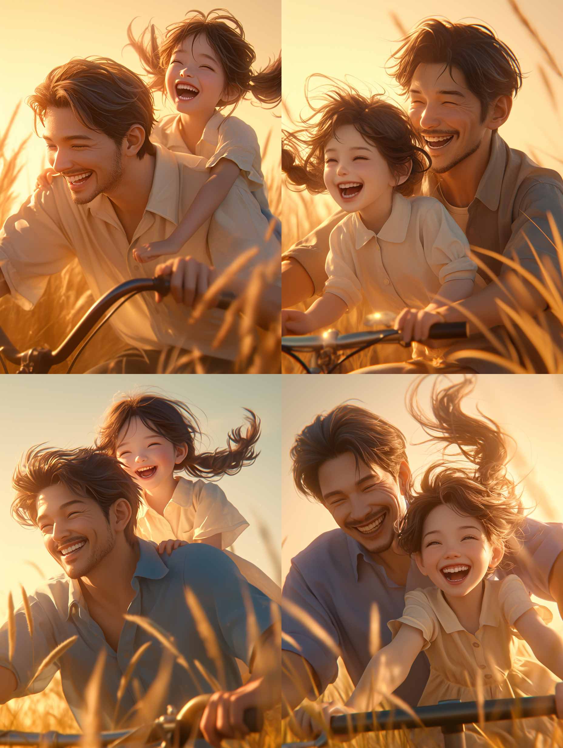 亚洲父女草地欢乐时光，小女孩骑单车，爸爸扶持，笑容洋溢，3d皮克斯风格，细节精致，背景简洁，色彩温暖丰富，室外阳光明媚，光线柔和，近景远景结合，高细节高质量，oc渲染，3d渲染，8k分辨率。