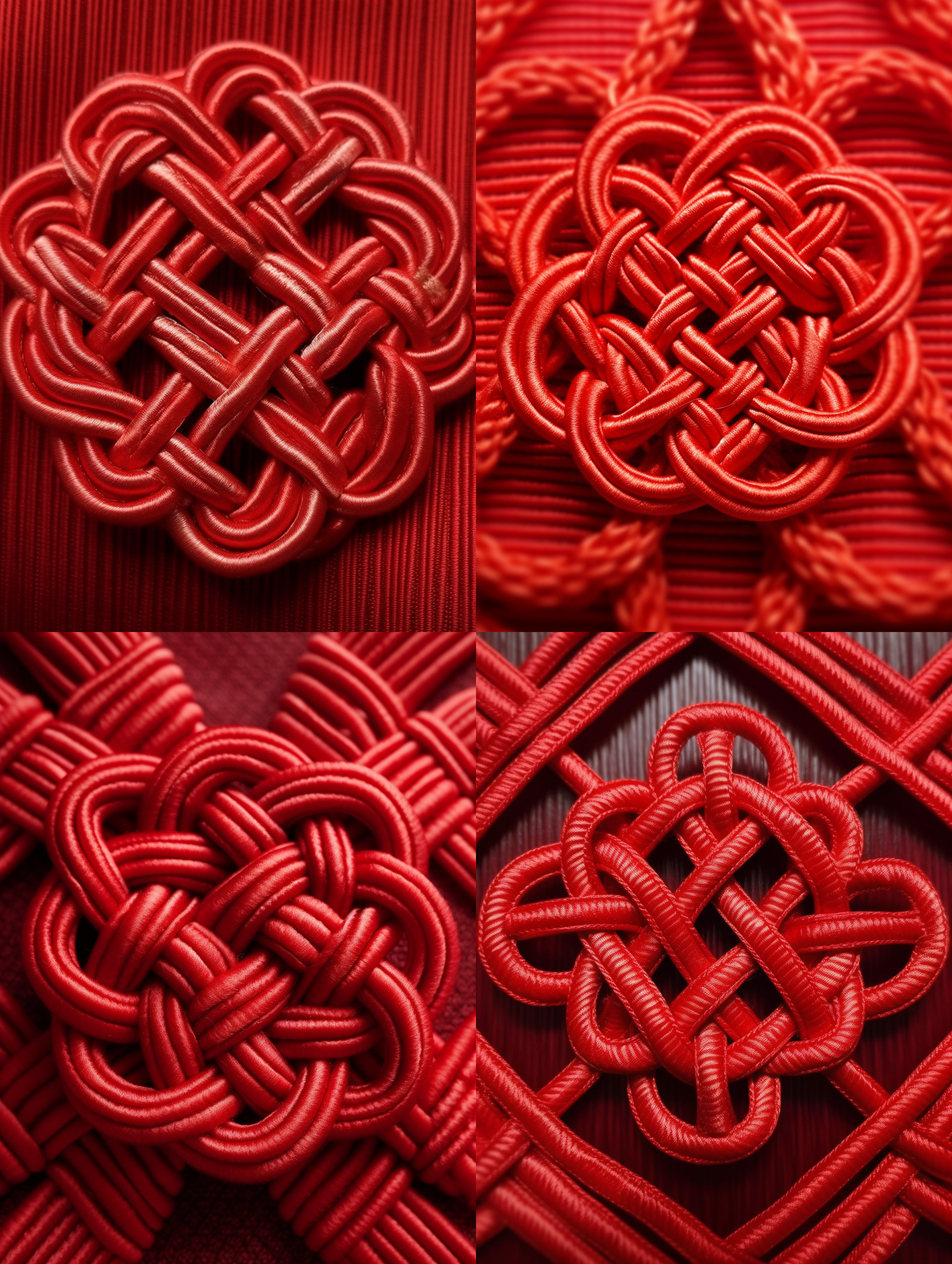 中国结，传统手工艺，红色丝线编织，对称结构，室内背景，暖色调，微距镜头，柔和光线，细腻纹理，喜庆，祥和。