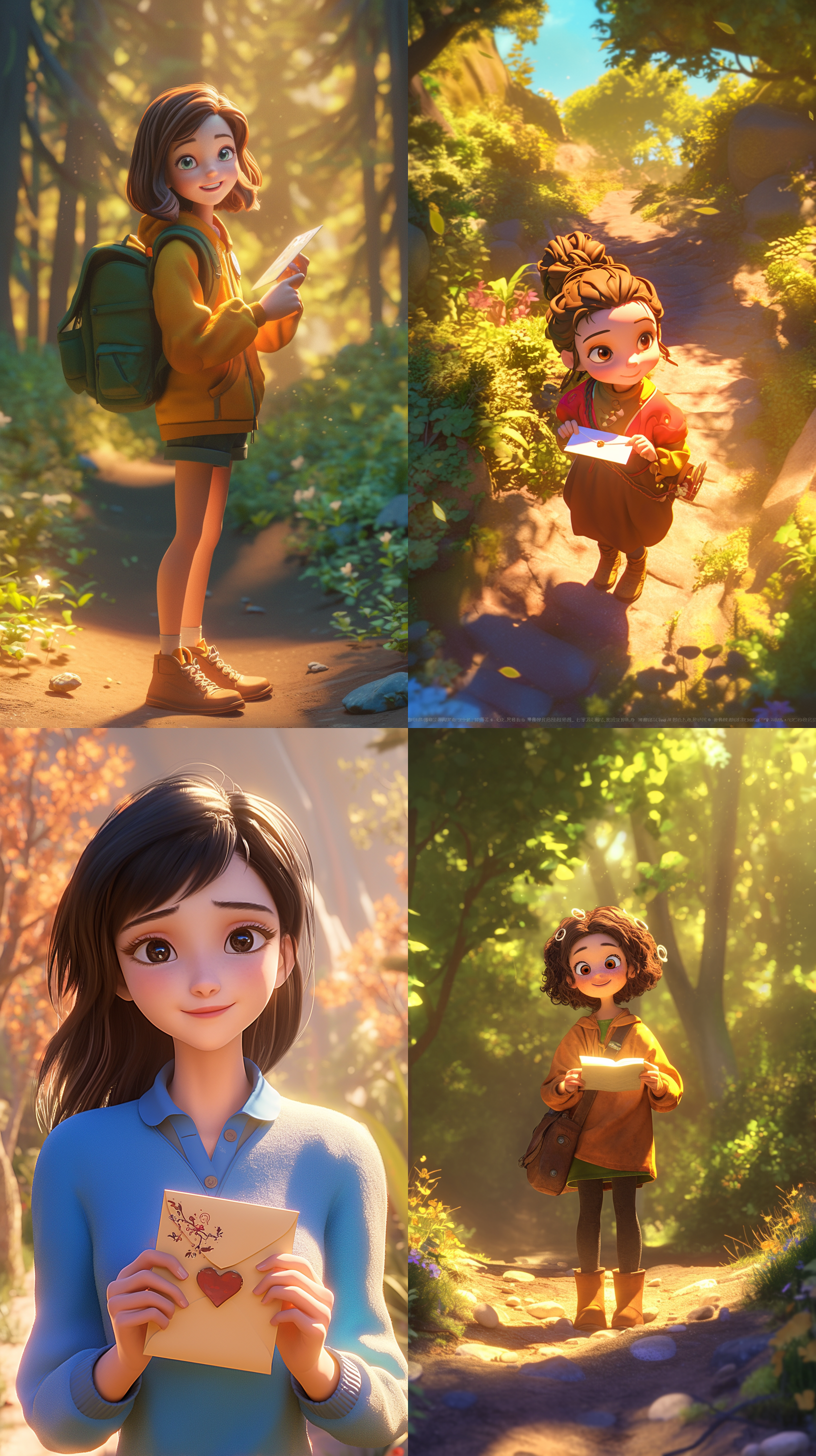 西西站在森林小径上，手持精美邀请卡，期待笑容，皮克斯动画风格，超真实渲染，高角度拍摄，明亮色彩，迪士尼3d卡通风格，柔和光线，细腻纹理，高清特写，和谐氛围，快乐笑容，健康活力。