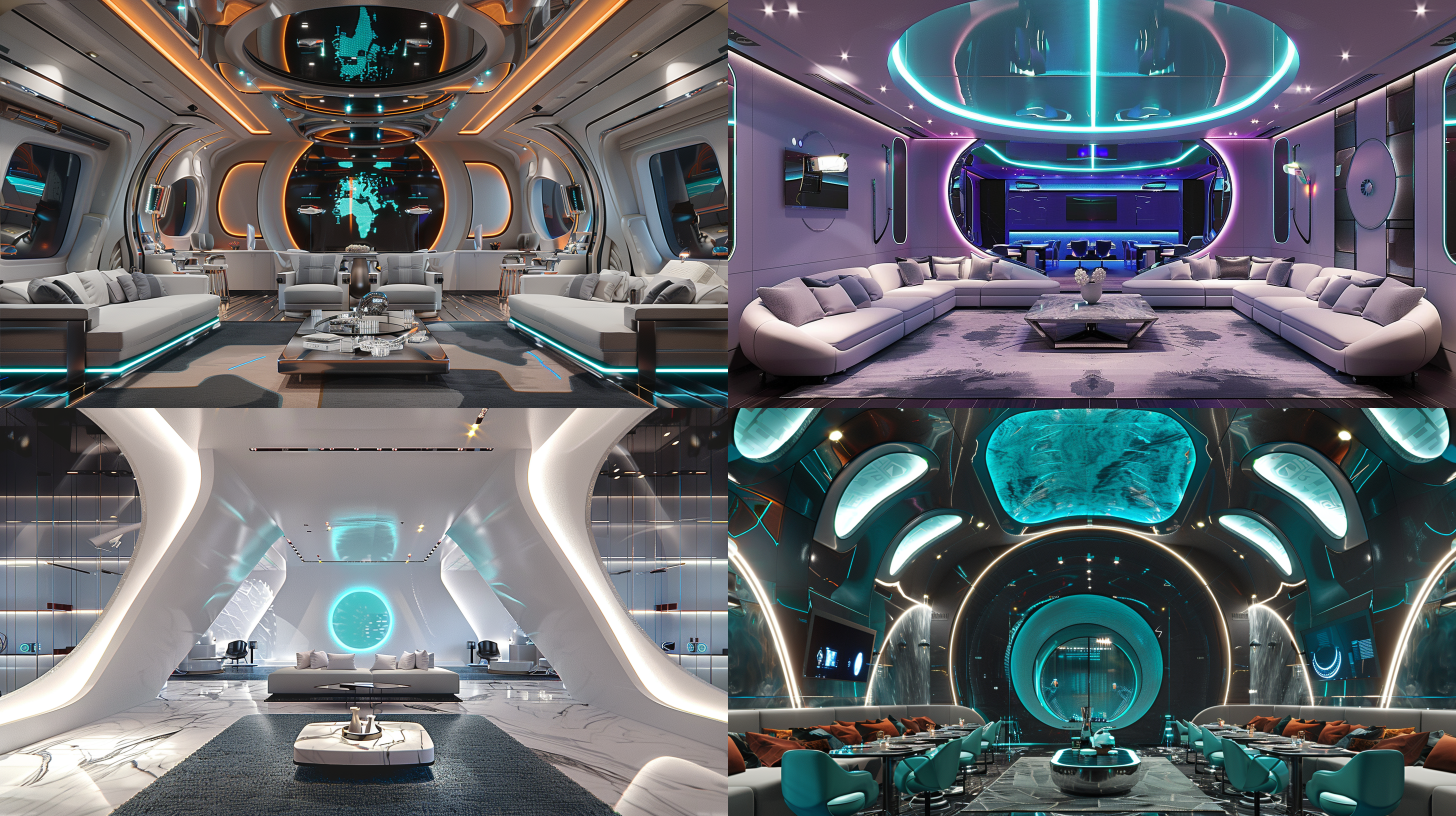 没有窗户的包房，未来感，赛博朋克风，灯光璀璨，设计感沙发茶几，清晰线条，大理石地面，不锈钢金属质感，高级感，夸张的吊顶造型和墙面造型，高清细节，真实感，超写实，正打广角，冷色调，硬光，锐利焦点，反射光，科技感，奢华氛围。