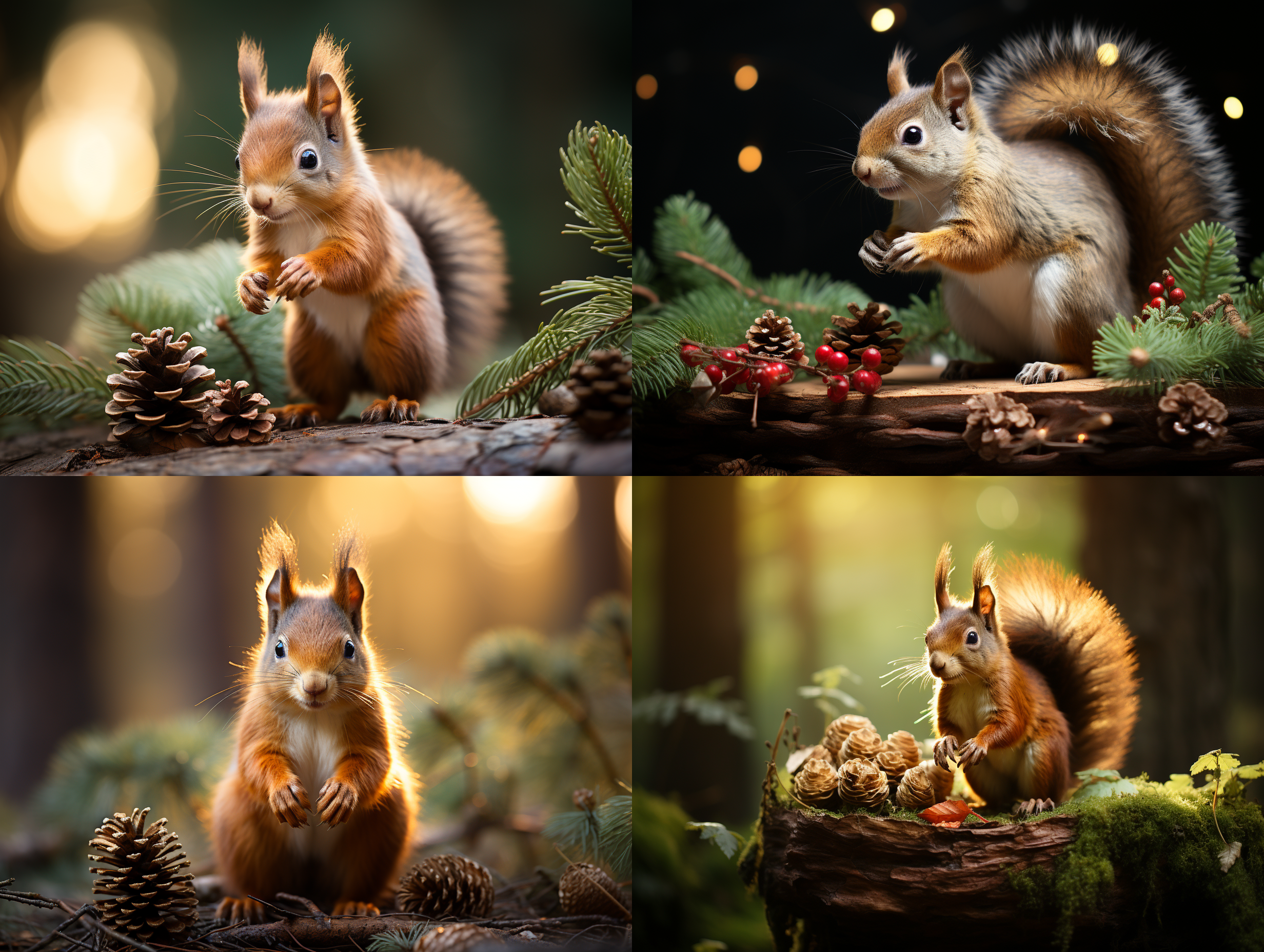 松鼠手捧松果，中焦镜头，绿色调，逆光，层次明快，4k高画质，细节丰富，静谧氛围，细致描绘，自然环境，柔和光线，专注表情。