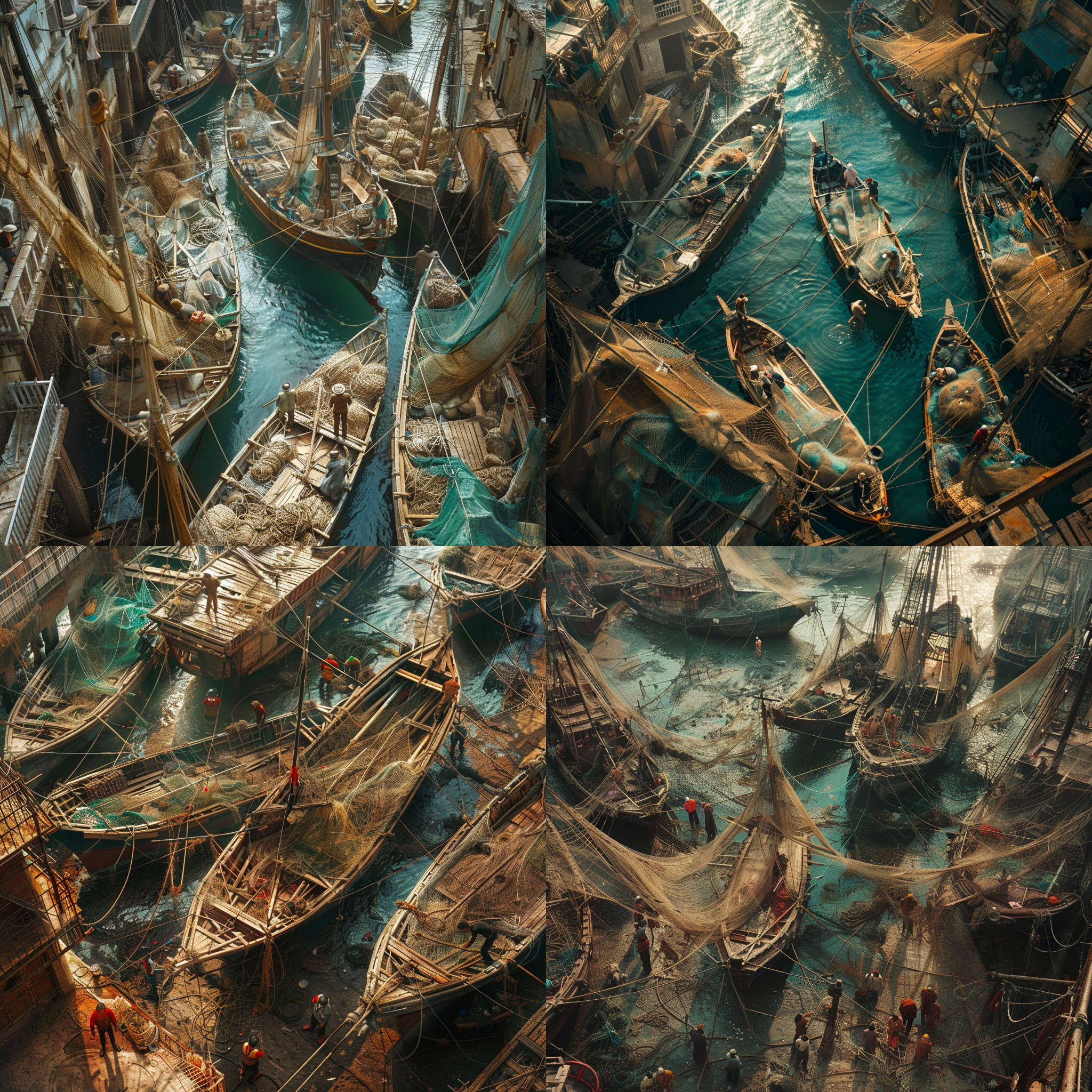鸟瞰视角，清代码头全景，工人忙碌，渔网交织，木船停泊，交易繁忙，远处海面波光粼粼，自然光线柔和，历史氛围浓厚，广角镜头，低饱和度，清晨时分，动态捕捉，细节丰富。