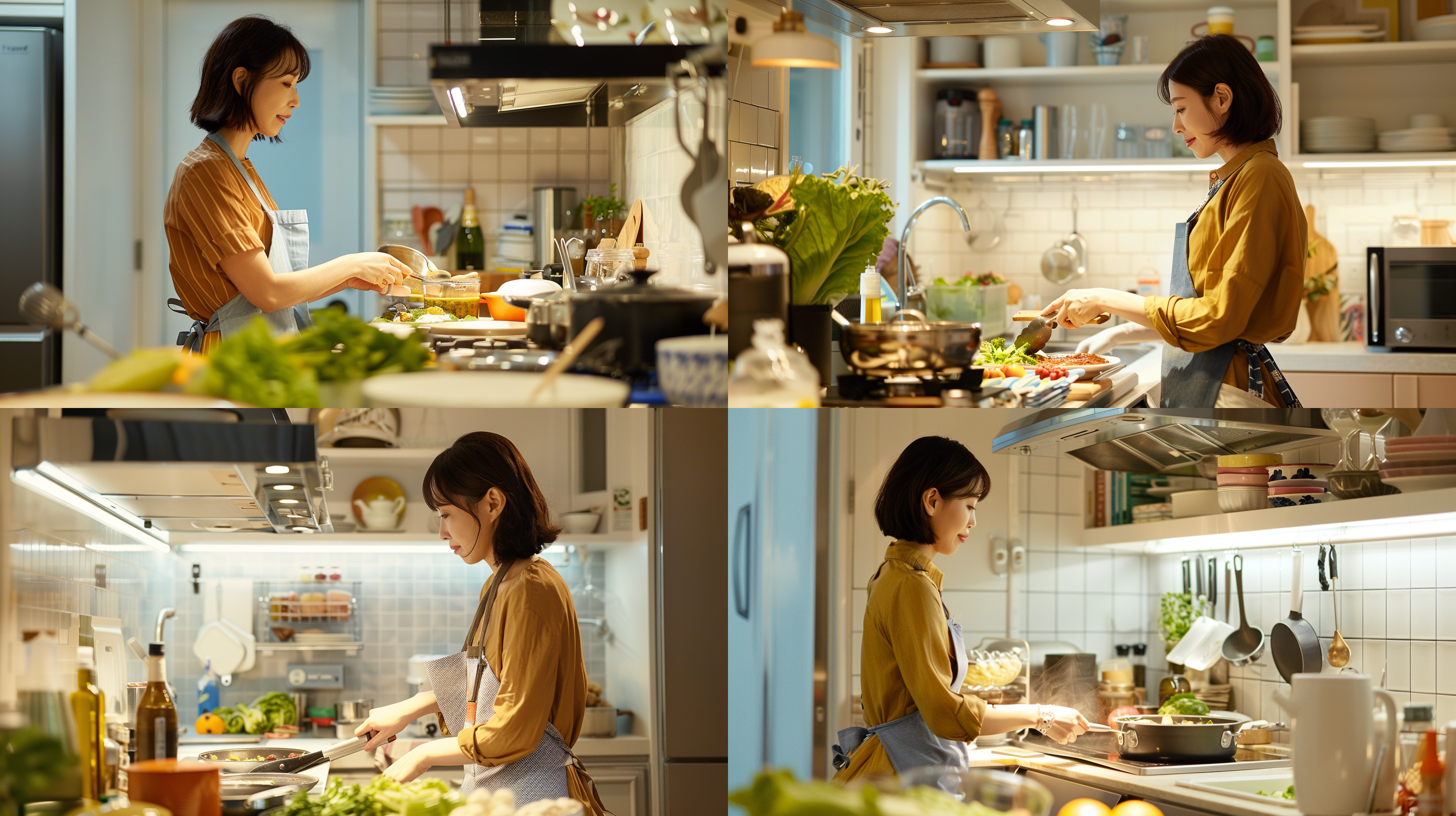 年轻的妈妈在厨房做饭，中景，真实细节，暖光，摄影风格，厨房环境，温馨氛围，8k 画质，专注神情，围裙，锅铲，炉火。