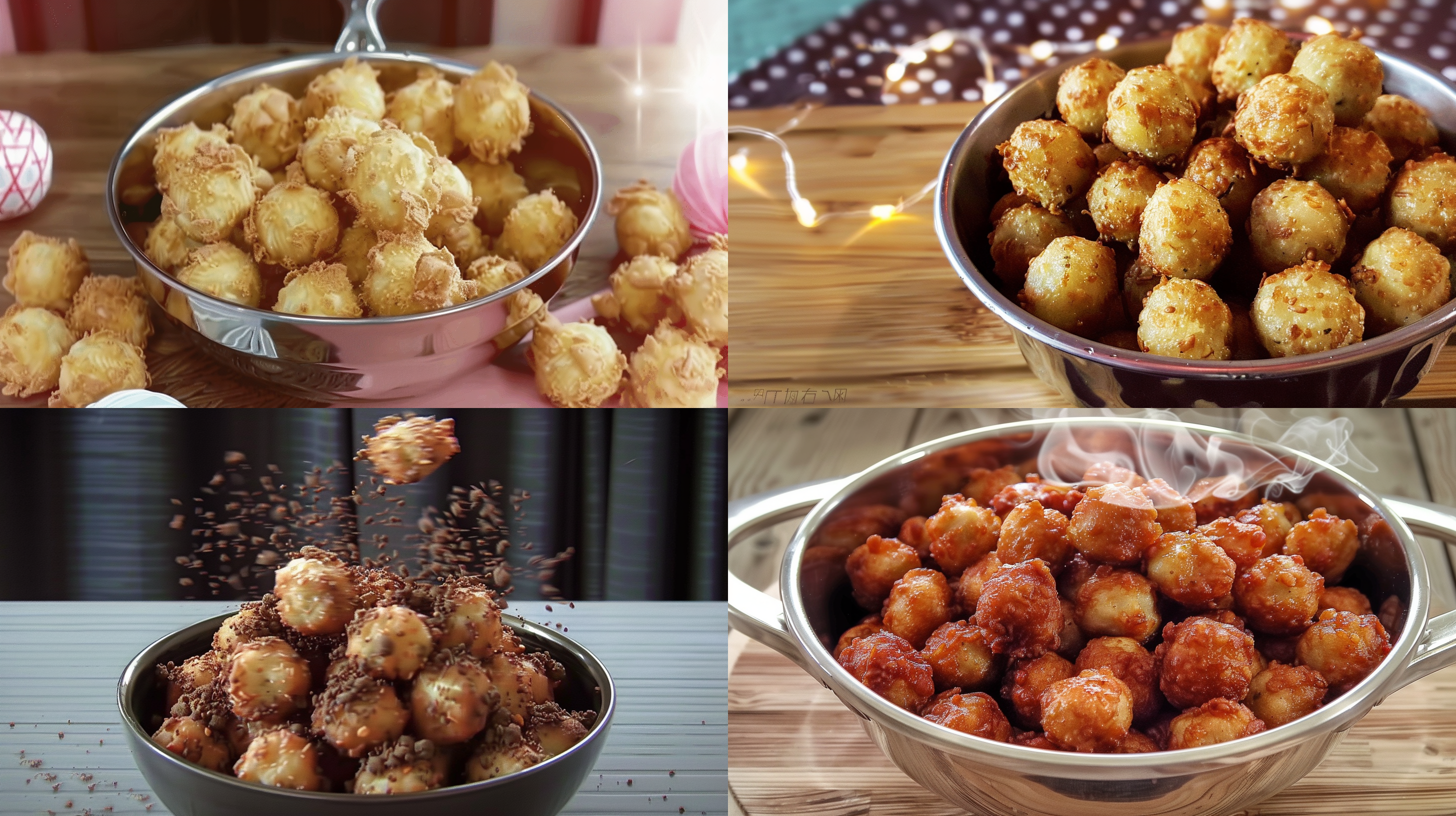 金黄酥脆的丸子装在盆中，冒着香气，背景干净，平视远景，8k 画质，暖光，真实细节，美食摄影。