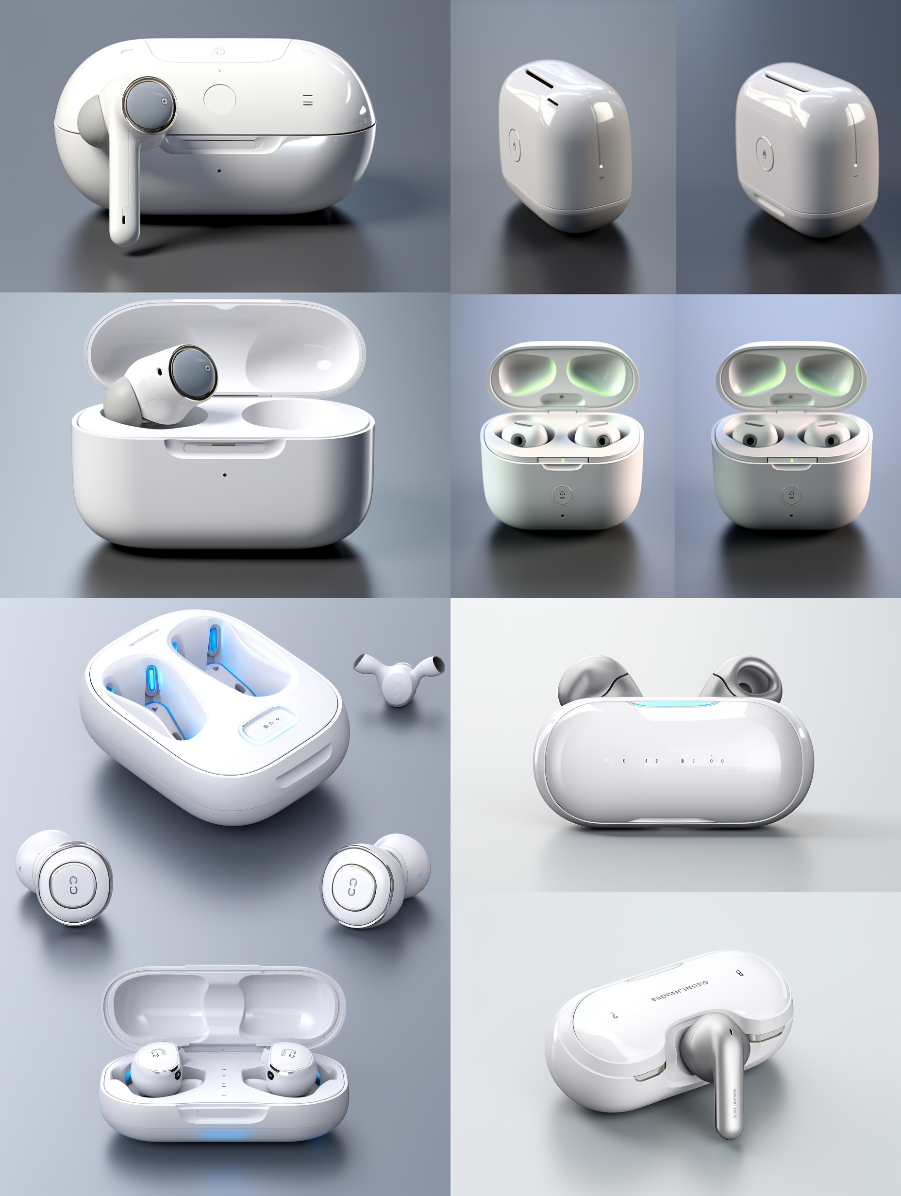蓝牙耳机四视图，白色短柄半入耳设计，科技感强，充电仓透明，现代简约风格，正面、侧面、背面等角度展示，高光细节，冷色调，微距镜头，均匀光线，产品摄影，清晰渲染质感。