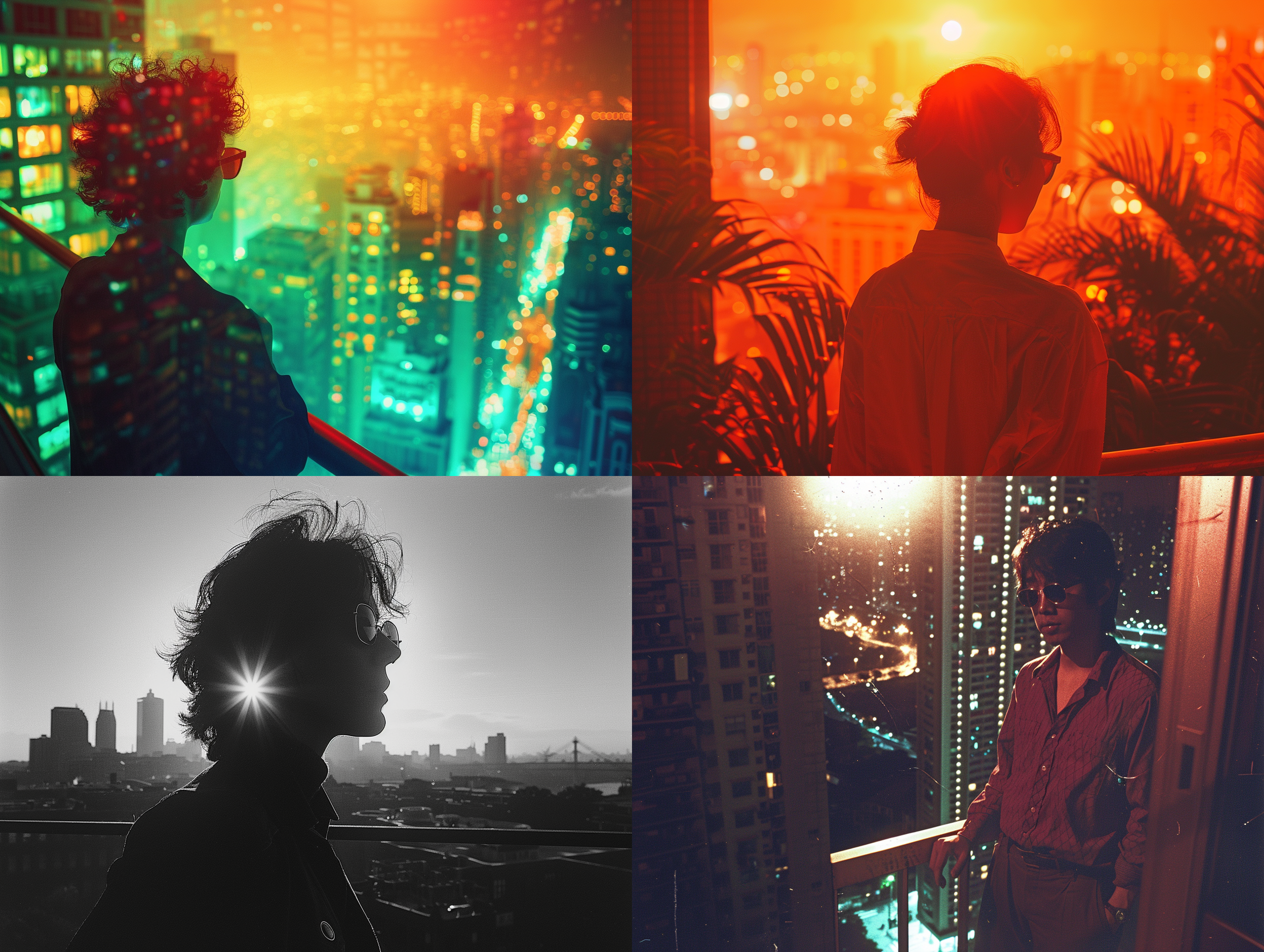 一个人站在高楼的阳台上，远处是绚丽的城市夜景。他戴着墨镜，脸上带着忧郁的表情，仿佛看不清眼前的美景。构图对称，摄影风格黑白胶片，长焦镜头逆光，静态姿势，高层建筑，抽象感，冷色调，内心迷茫。 高楼，城市夜景，镜，忧郁，对称，黑白胶片，长焦镜头，逆光，静态姿势，高层建筑，抽象感，色调，内心迷茫。 园林 全景长卷轴 太阳光 自然绿 人物视角