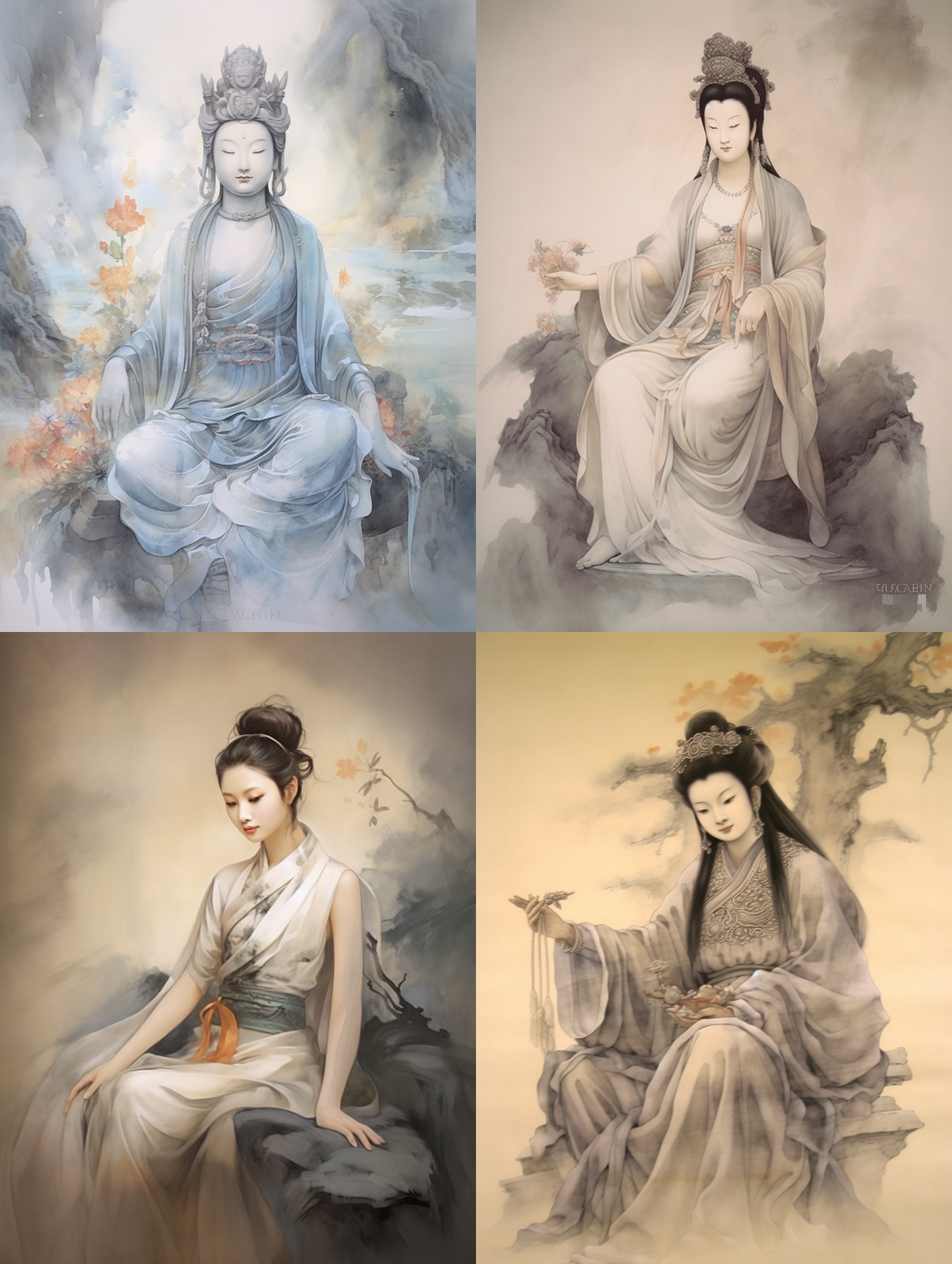 观音菩萨端坐正面，中国画绢本，古风写意，淡彩渲染，禅意氛围，端庄静谧，正面光，柔和色彩，细腻笔触，静态构图，传统服饰，平和表情。