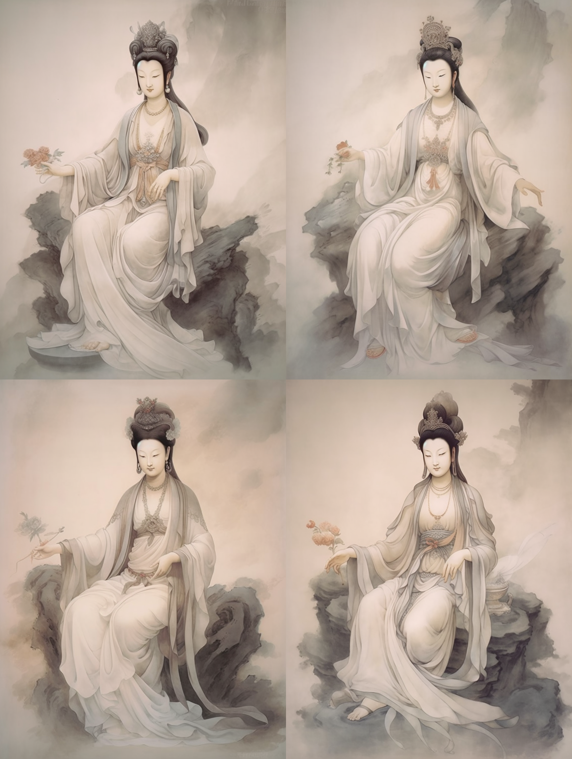 观音菩萨端坐正面，中国画绢本，古风写意，淡彩渲染，禅意氛围，端庄静谧，正面光，柔和色彩，细腻笔触，静态构图，传统服饰，平和表情。