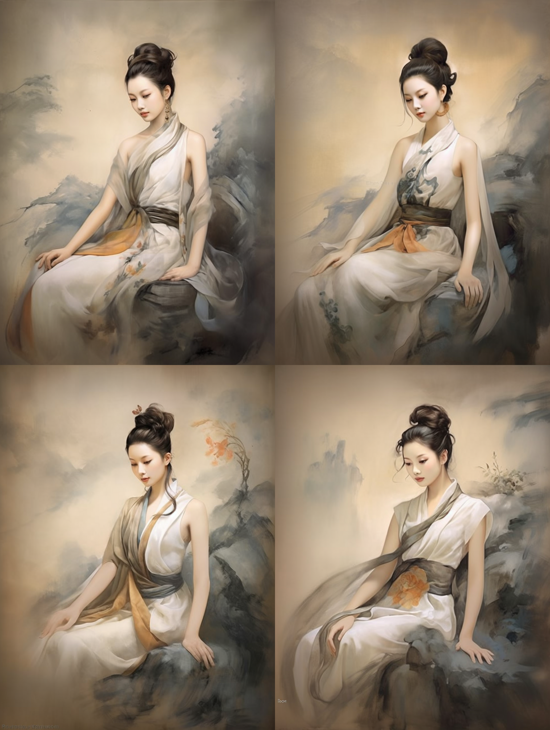 观音菩萨端坐正面，中国画绢本，古风写意，淡彩渲染，禅意氛围，端庄静谧，正面光，柔和色彩，细腻笔触，静态构图，传统服饰，平和表情。