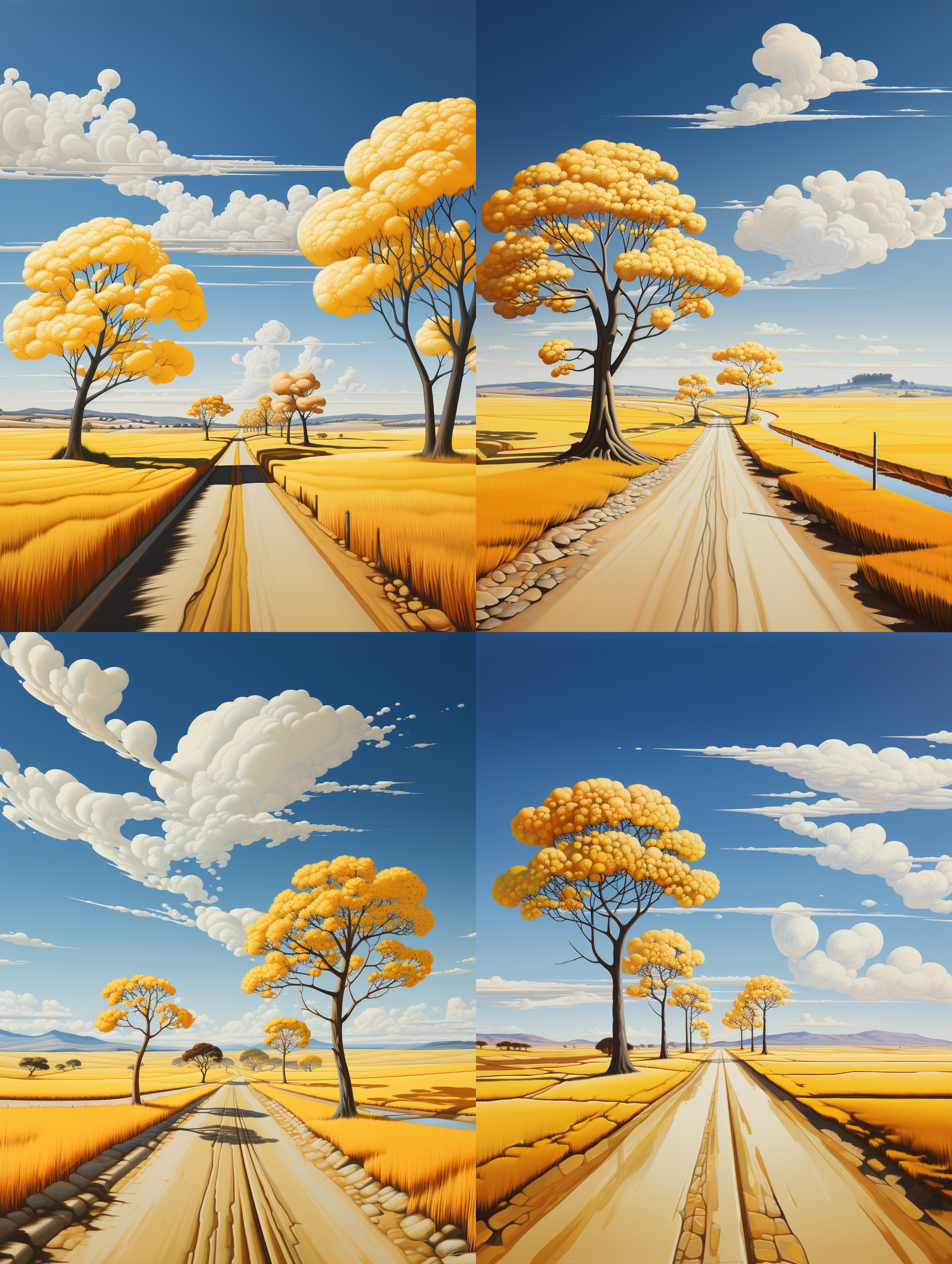 明亮清晨的路，线性构图，阳光明媚，暖色调，中景，自然光，清晰，宁静。