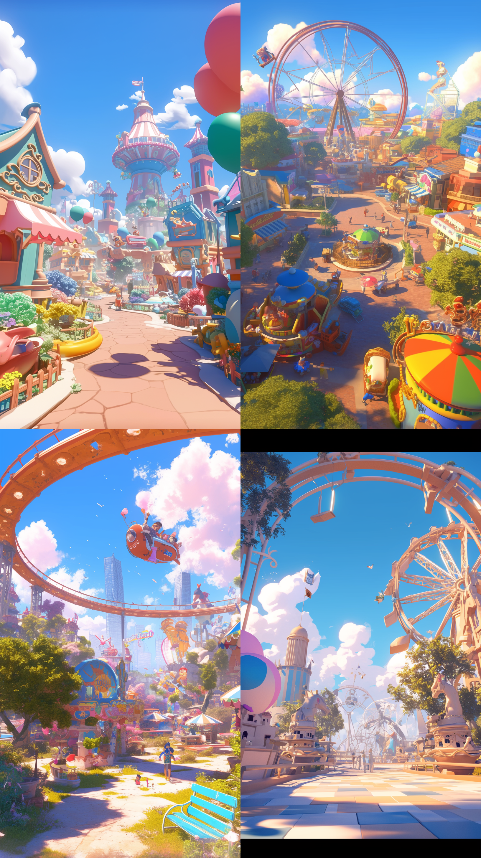 游乐园背景，细节丰富，全身展示，卡通ip风格，动感十足，柔和配色，3d建模c4d，超高清8k，梦幻元素，温馨感，玩具装饰，玩具，3d视图，皮克斯动画