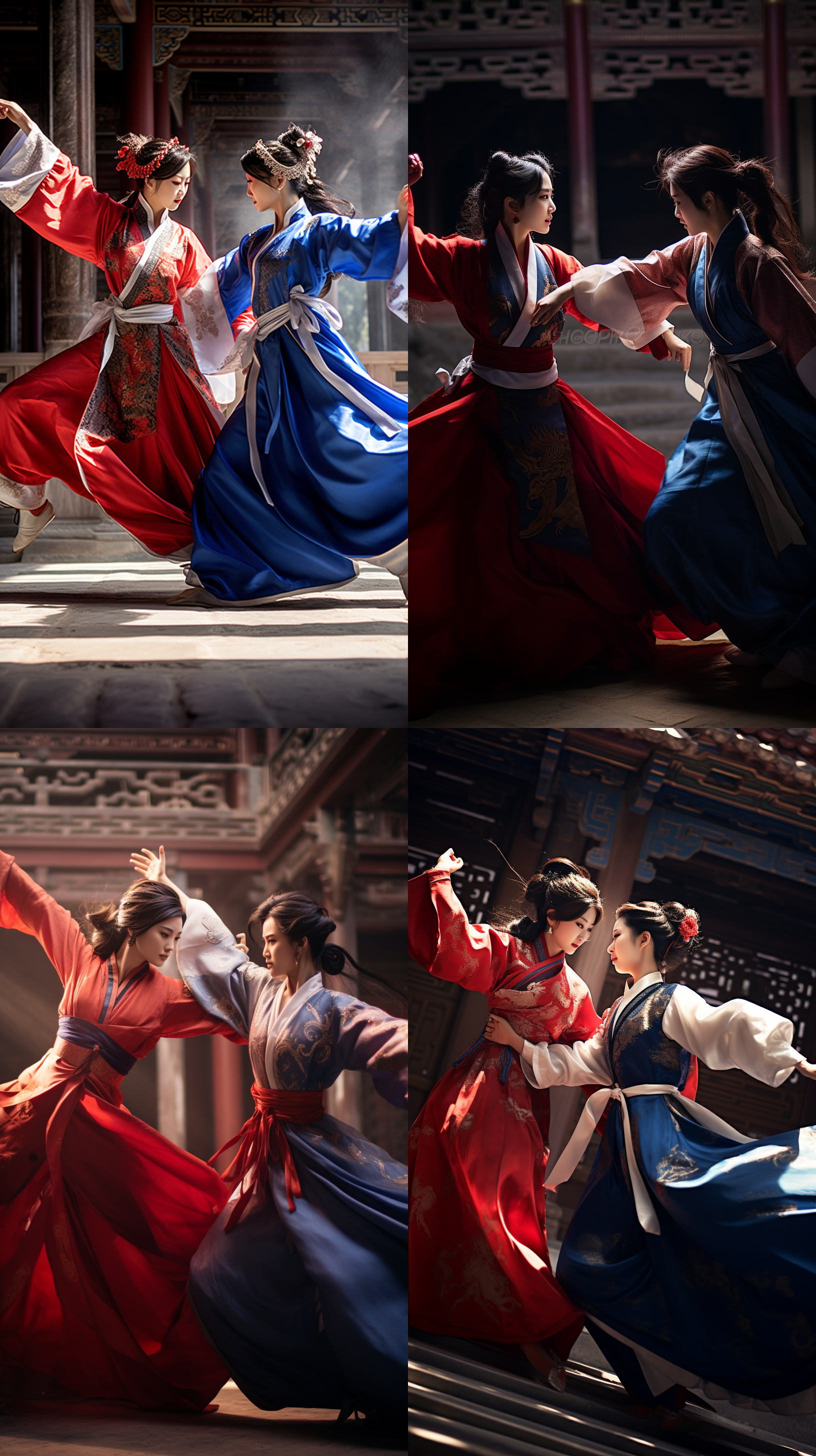 两个美女推搡的姿势，红色汉服和蓝色汉服，面部表情愤怒和紧张，面对面站立，一只手推向对方的肩膀，身体前倾，腿部姿势表现出力量，背景为中国古代皇宫建筑，头发和衣服因动作而扬起，旁边有一些惊讶的旁观者，使用光影效果突出动作和表情，氛围紧张对抗。