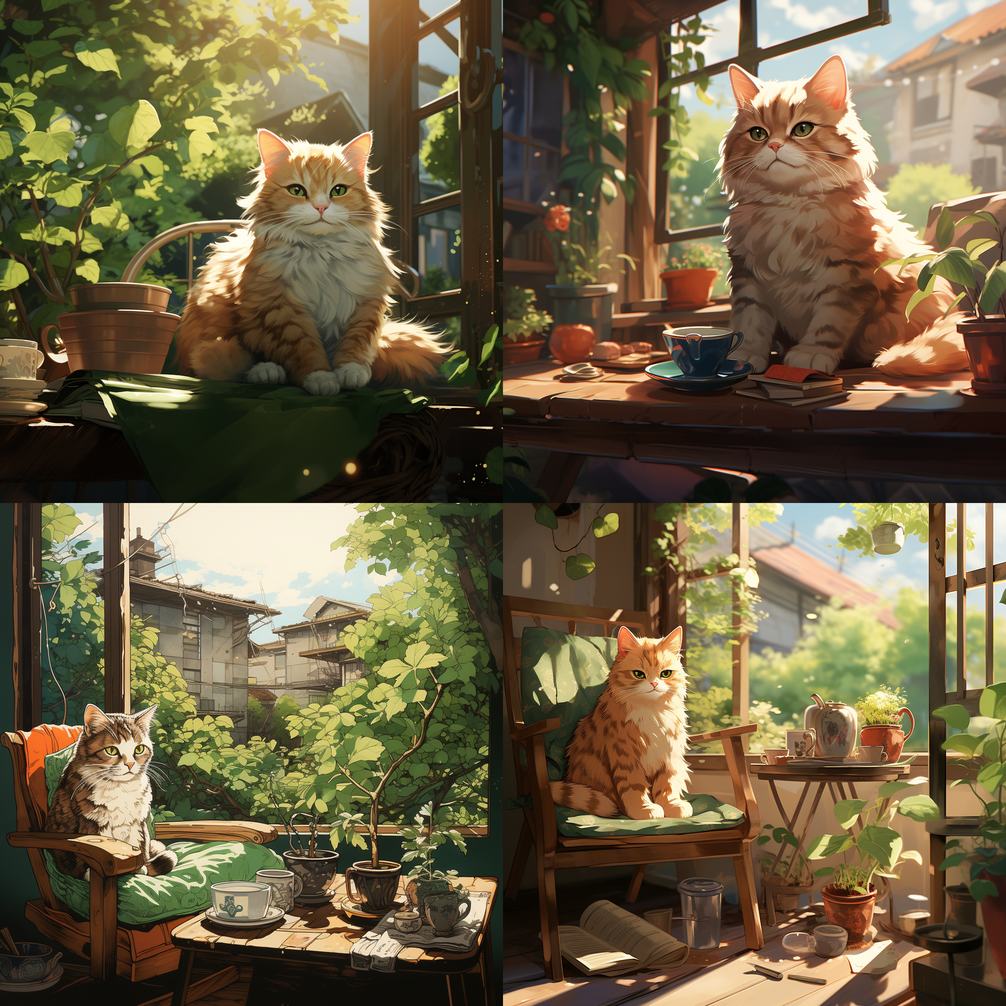 in the style of hayao miyazaki, a cat lies on a rocking chair in the courtyard, with a coffee table and tea set, dense green trees, saturated colors, in the style of hayao miyazaki, summer atmosphere, soft light, warm and quiet.