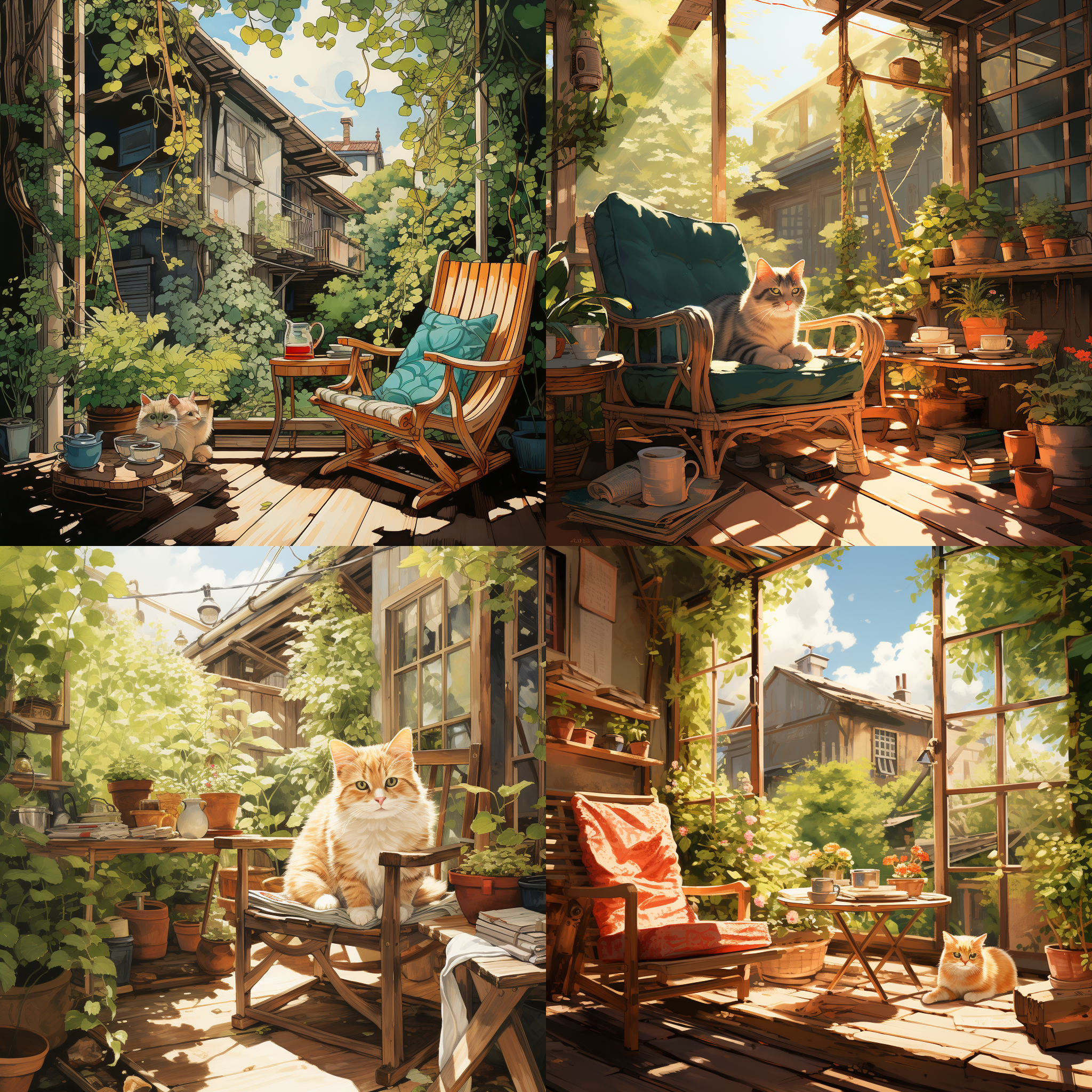in the style of hayao miyazaki, a cat lies on a rocking chair in the courtyard, with a coffee table and tea set, dense green trees, saturated colors, in the style of hayao miyazaki, summer atmosphere, soft light, warm and quiet.