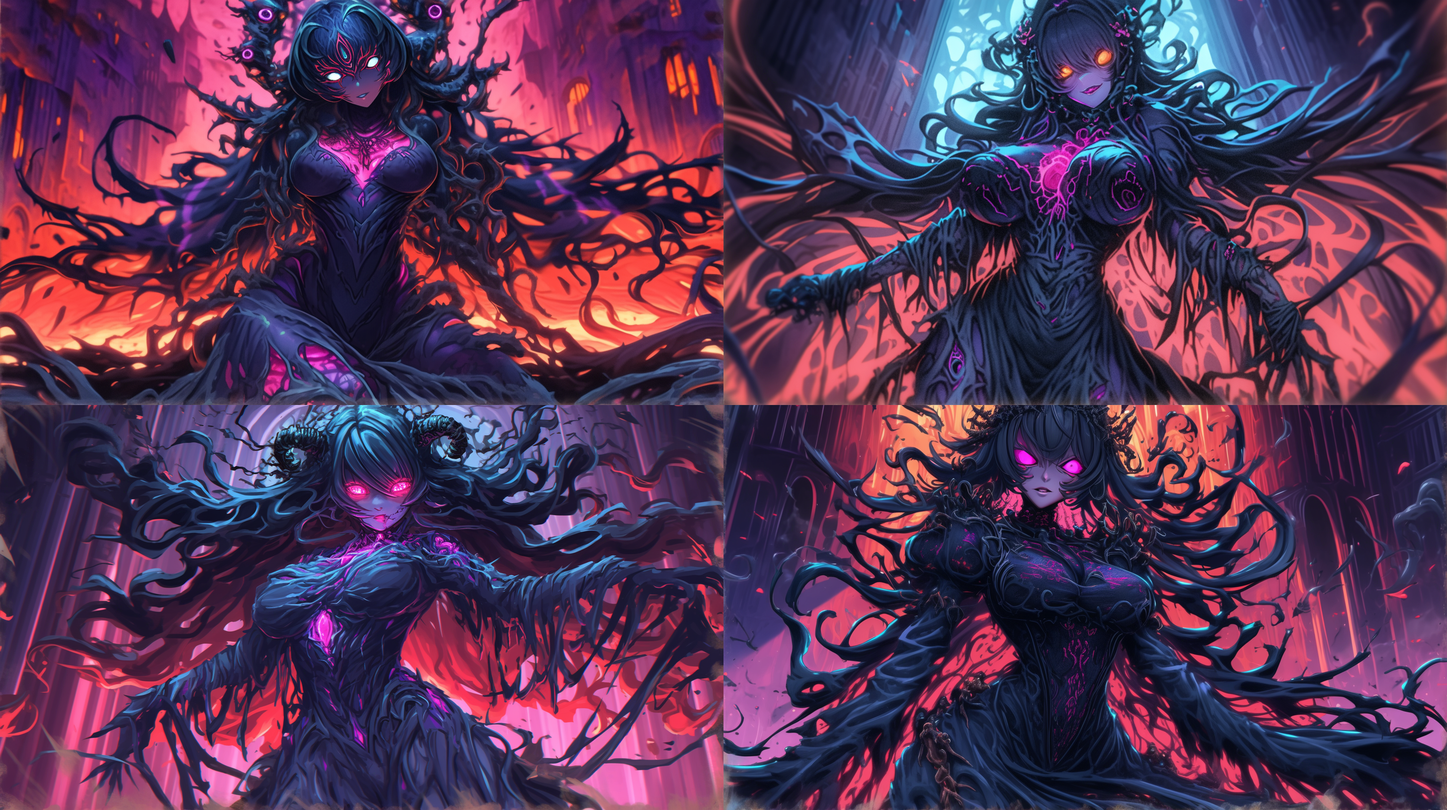 克苏鲁邪神附身女性，前凸后翘，暗黑哥特风，阴森古堡，冷色调，长曝光，神秘光环，恐惧表情，超现实主义，广角镜头，低角度拍摄，阴暗环境，神秘氛围，深邃眼神，飘逸长发。