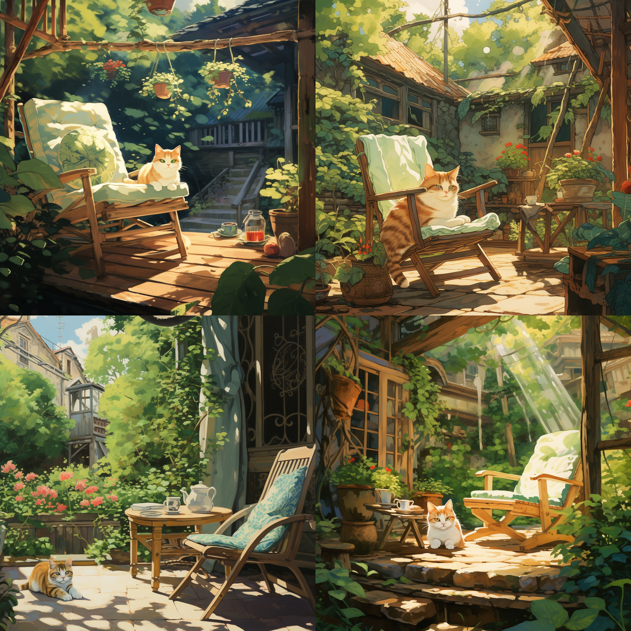 in the style of hayao miyazaki, a cat lies on a rocking chair in the courtyard, with a coffee table and tea set, dense green trees, saturated colors, in the style of hayao miyazaki, summer atmosphere, soft light, warm and quiet.
