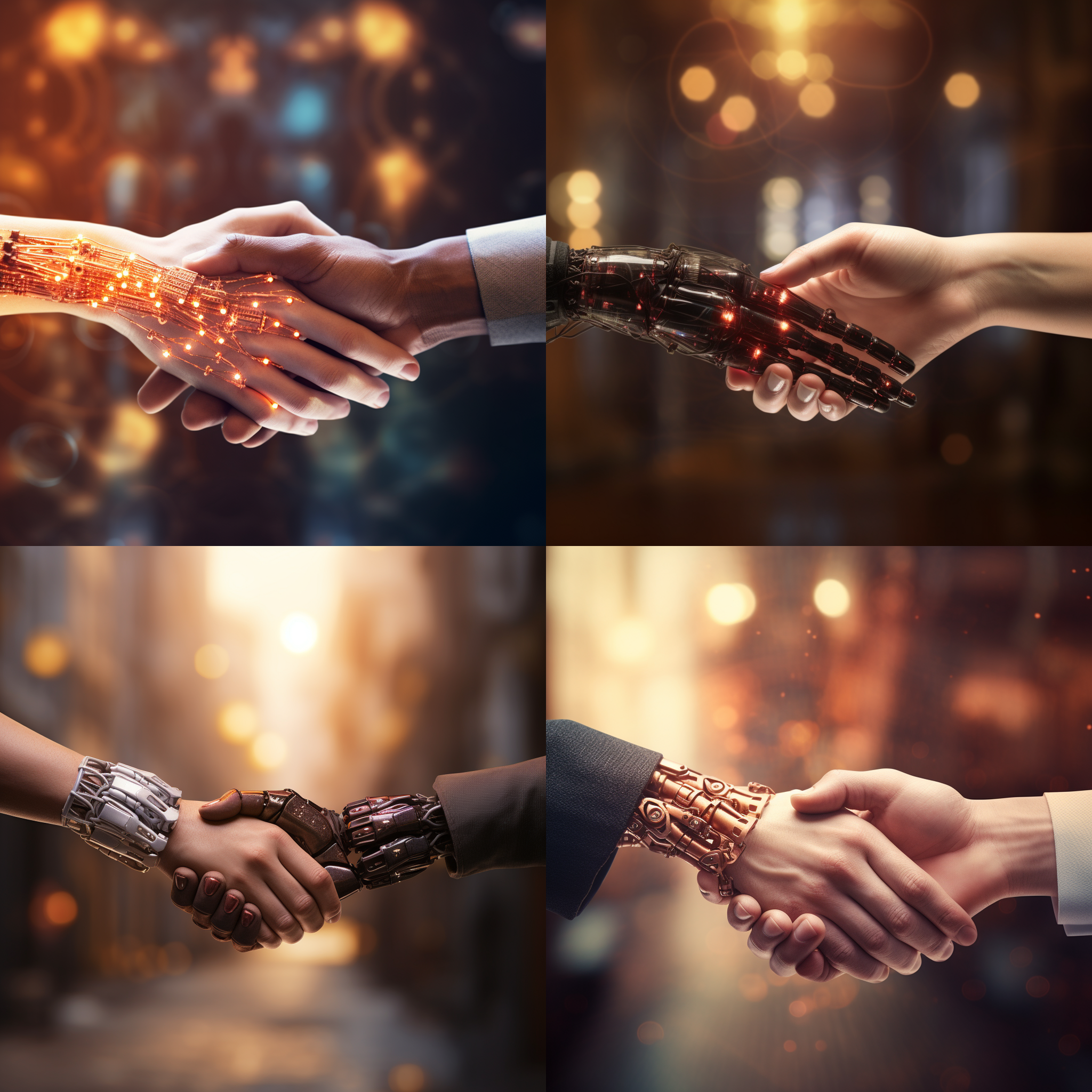 人类与人工智能握手交互，两只手来自不同物种，一只人类手，一只虚拟数字人或机器人手，暖色调，特写镜头，柔和光，友好。
