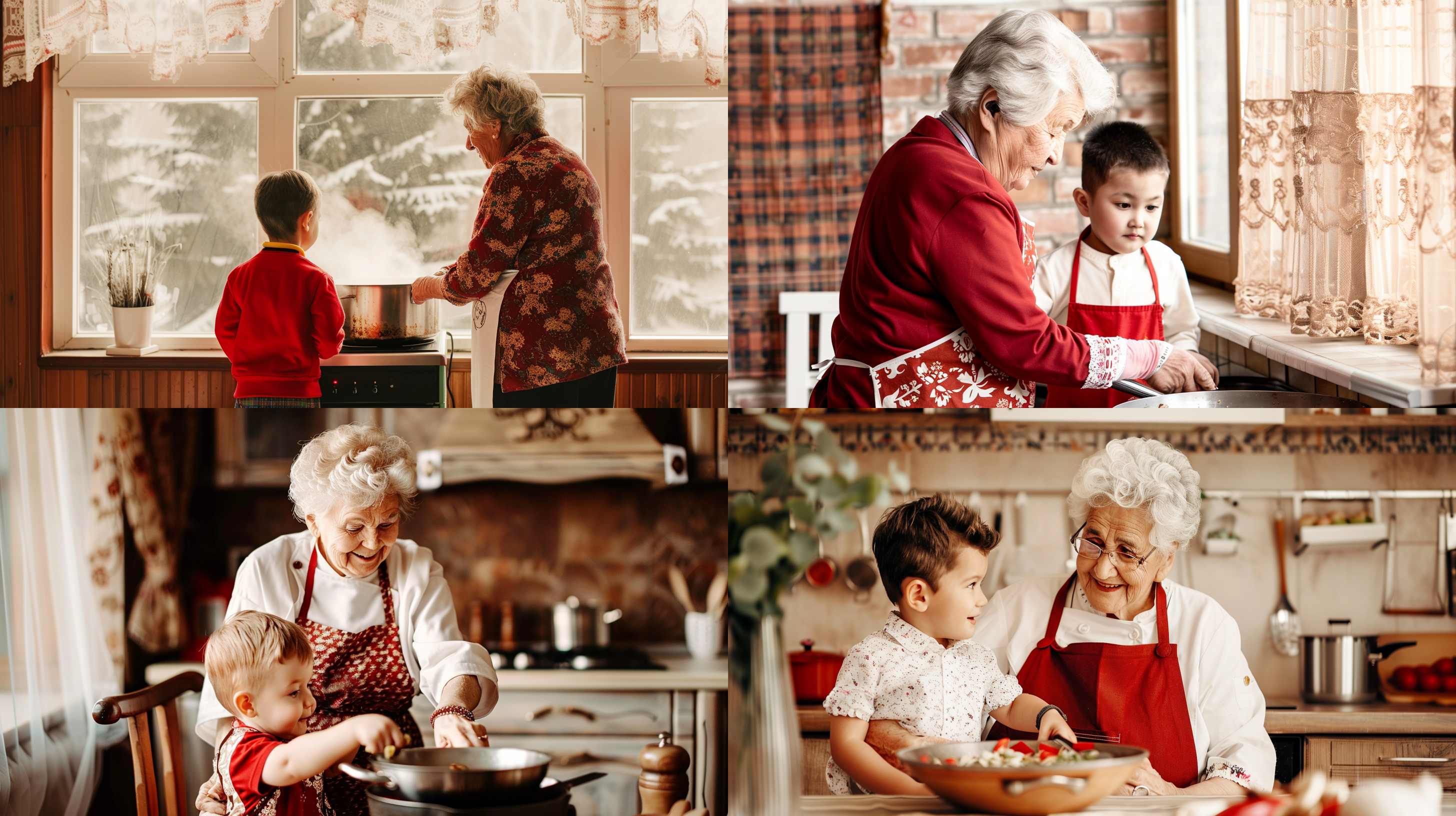 中国老奶奶教孩子做饭，背影中景，真实细节，8k 画质，暖光，摄影风格，温馨，亲情，炉灶，锅铲，围裙。