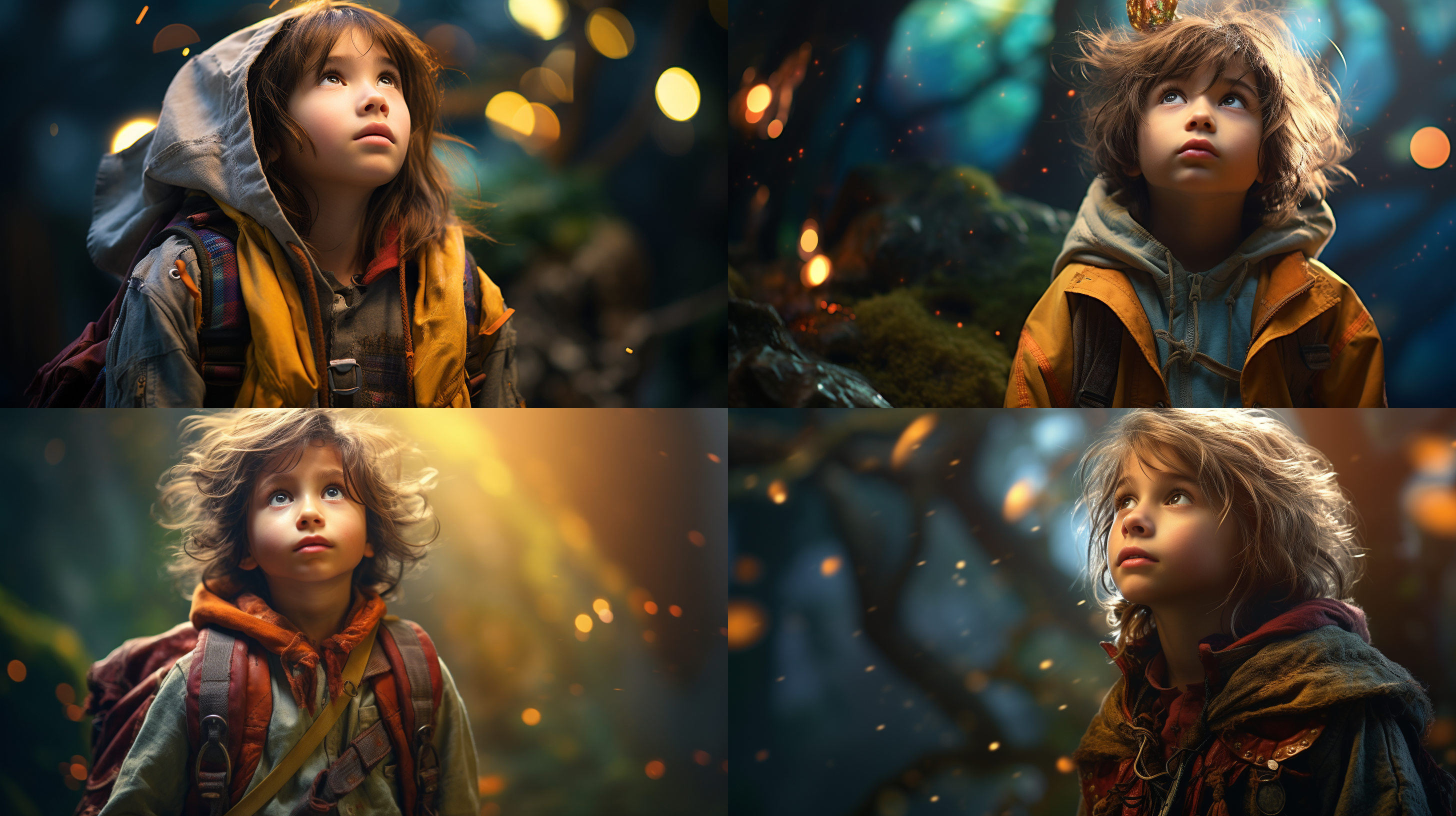 cover of a children's fantasy journey, with a dreamy forest background, child protagonist, dressed for exploration, curious expression, looking up angle, soft lighting, colorful, long focal length, shallow depth of field, mysterious atmosphere, sense of anticipation.,,in clothes