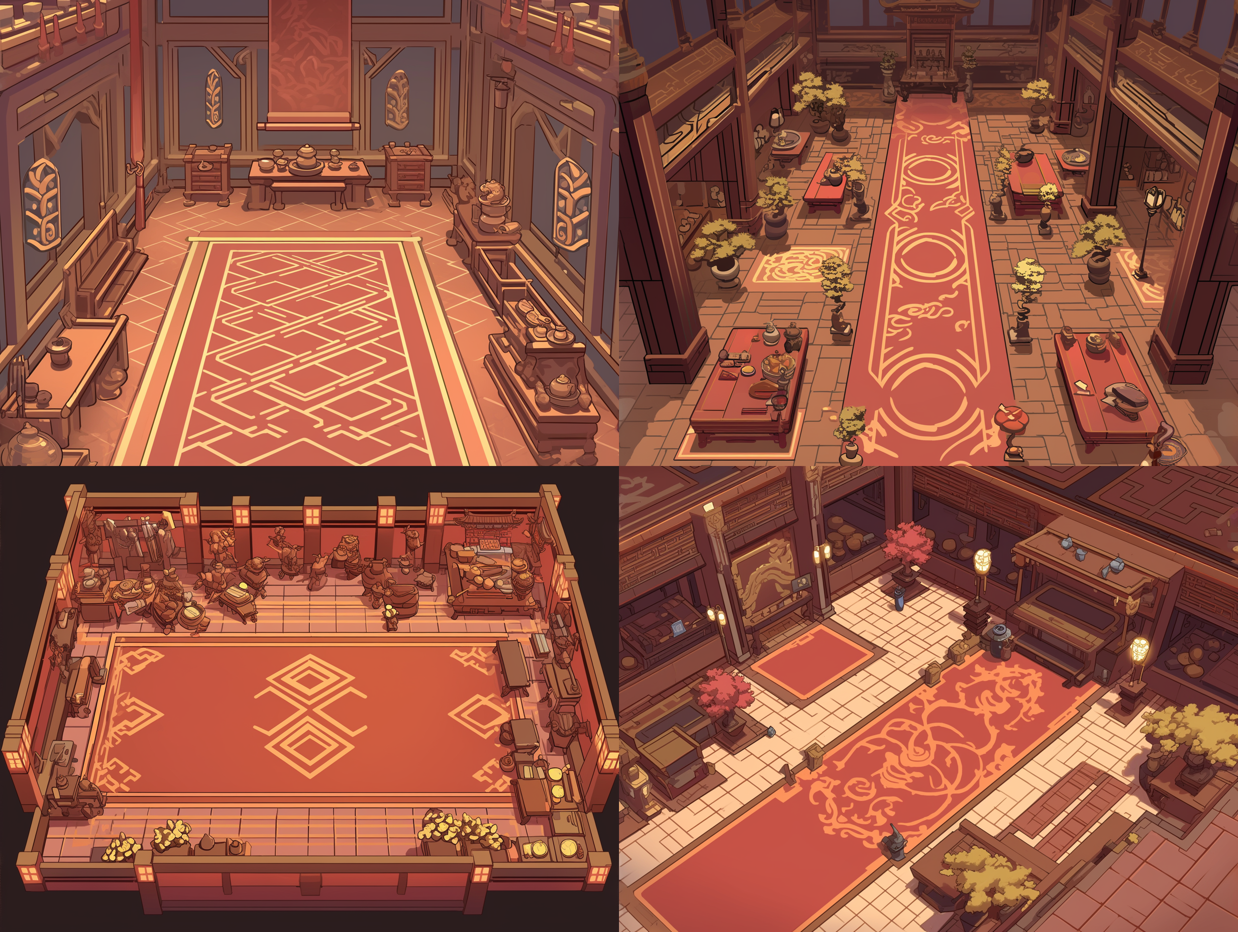 唐朝风格古风场景，红地毯铺设，45度视角展现四边形布局，重视纹理细节，宫廷华丽，暖色调，45度镜头，柔和侧光，慢快门，静态，庄重。