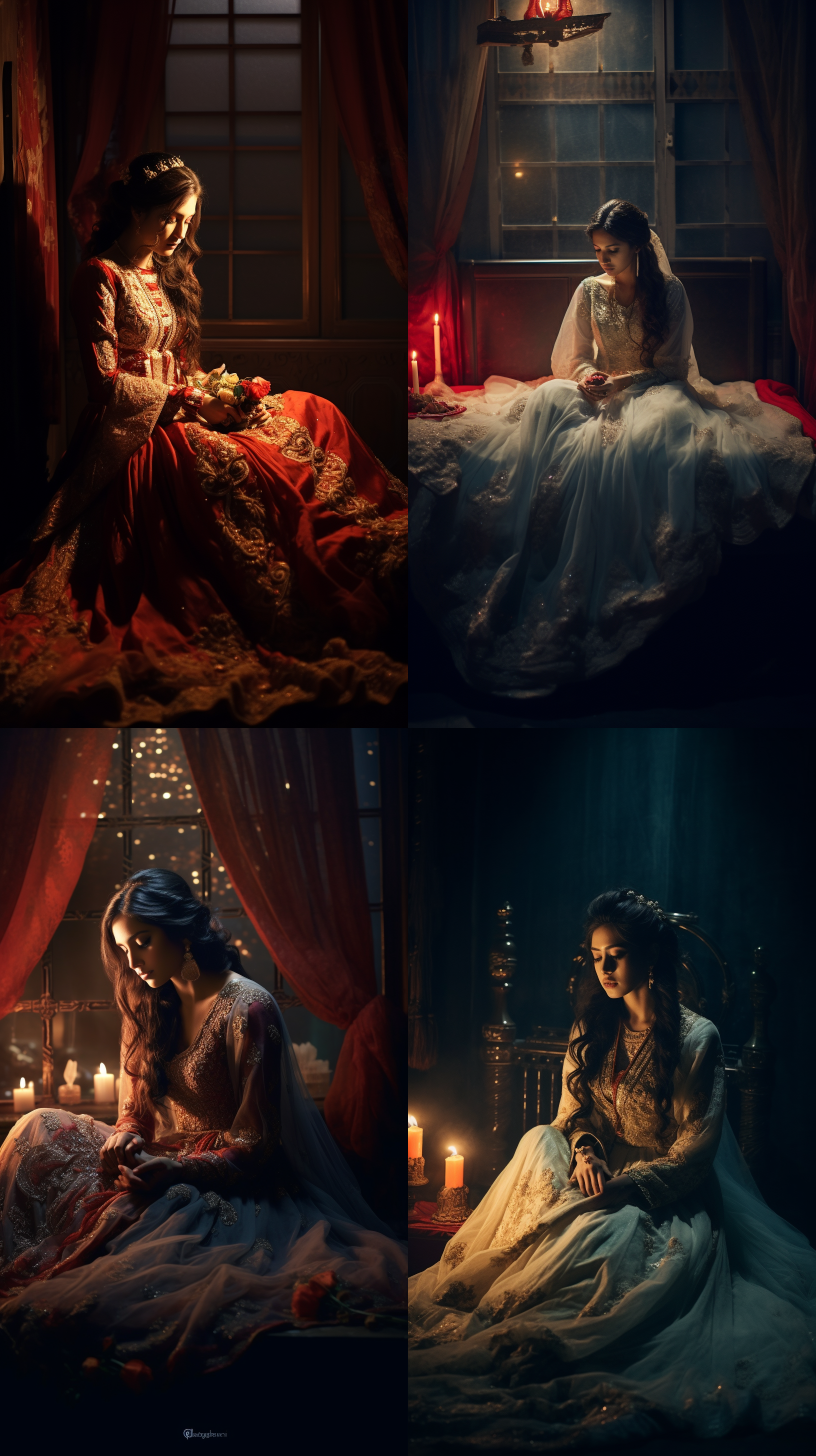 古装新娘，夜晚独坐床上，全身入镜，神情哀伤，暖色调，侧光，长镜头，忧伤。