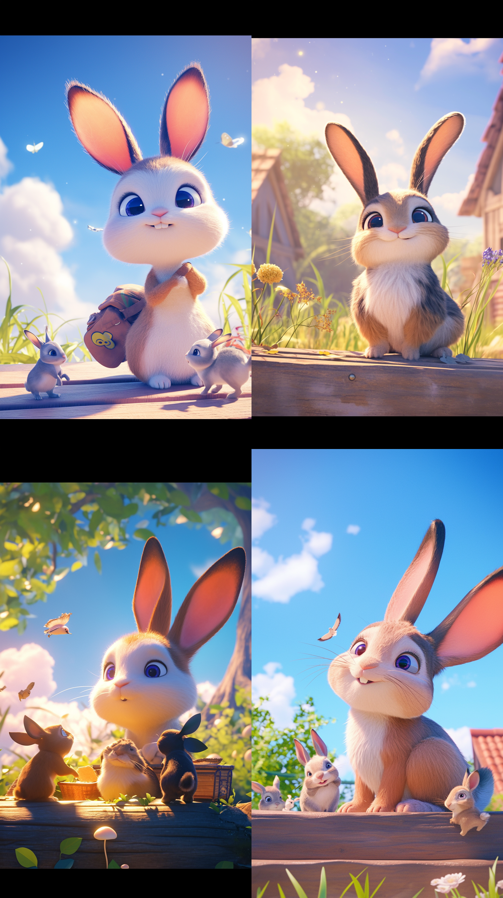 小兔子与小动物分享故事，皮克斯动画风格，超真实渲染，高角度拍摄，明亮色彩，迪士尼3d卡通风格，温馨场景，鼓励学习，发现自我，动物表情丰富，互动自然。