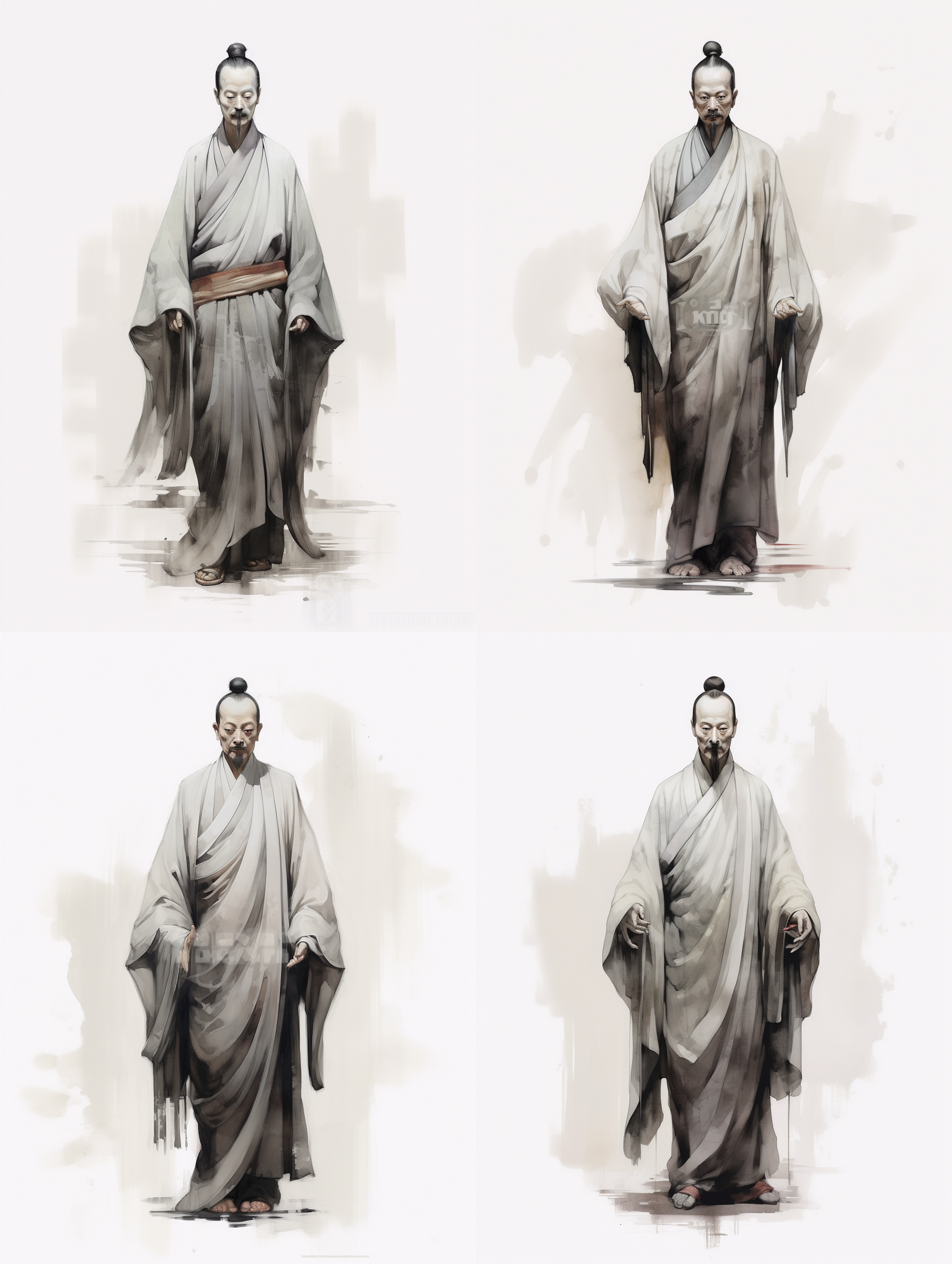 释迦摩尼像正面，中国画绢本，古风写意，黑白黄色红色淡彩，端庄静谧，中景构图，柔和光线，细腻笔触，平静表情，传统服饰，禅意氛围，水墨渲染。