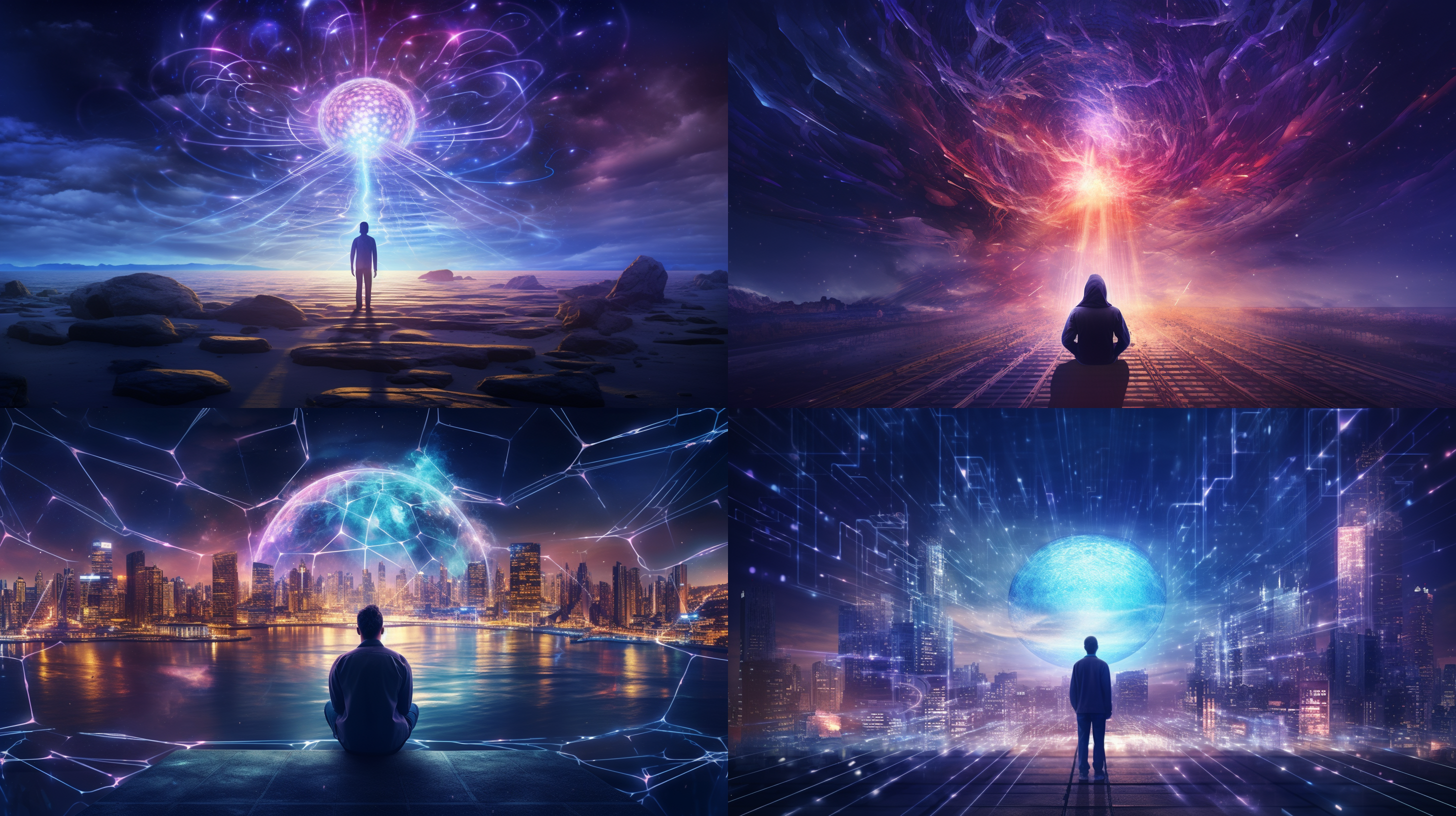 宇宙大脑星系，银河背景，孤独人类，赛博朋克风格，科幻光轨，震撼未来感全景构图，孤独感，深空蓝紫色调，长曝光，星轨，超广角镜头，背光，沉思，未来都市轮廓。