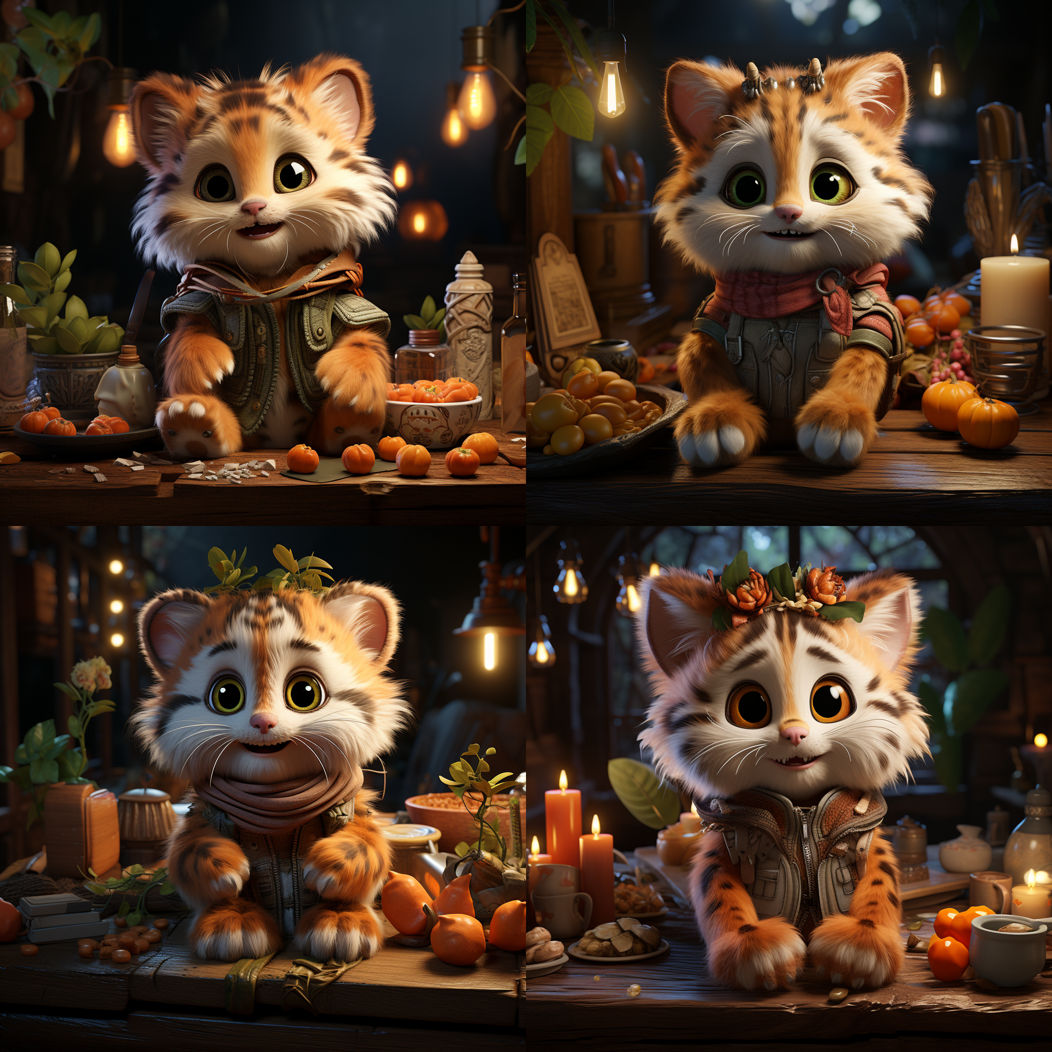 小老虎坐桌前，面对肉骨头和蔬菜，表情不感兴趣，奇幻装扮，鲜艳色彩，立体光照，表情动画，虚拟现实，可爱 3d 化身，精细渲染，高饱和度，夸张表情，强烈深度感。