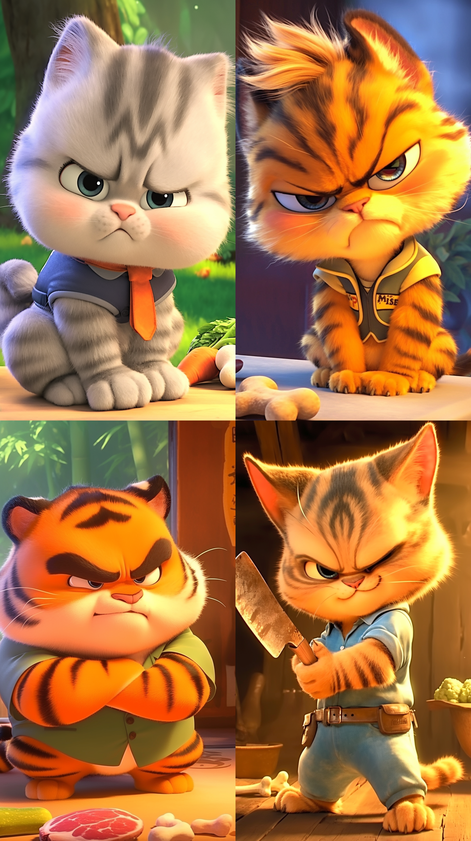 折耳虎斑猫咪穿运动套装坐在餐桌前，面前是肉骨头，旁边是被推到一边的蔬菜，表情不感兴趣，夸张表情，张力动作，皮克斯风格，超真实渲染，高角度，明亮色彩，皱眉。